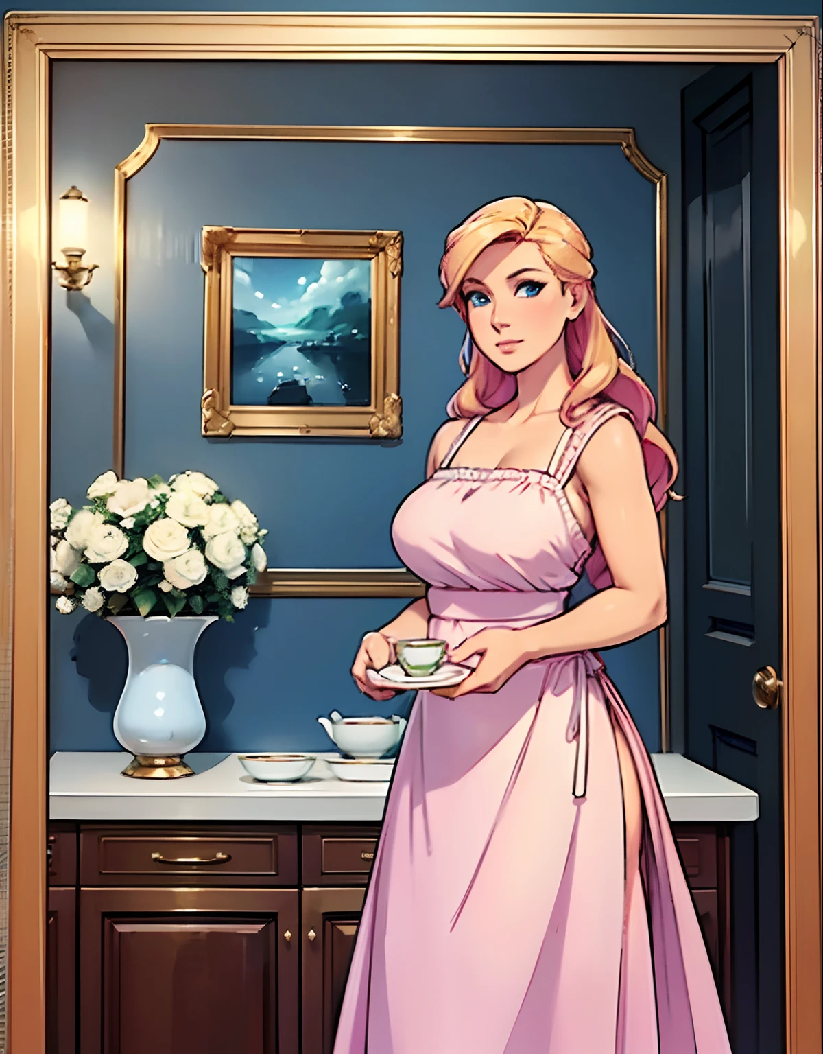 (robot housewife),(display case),(pink dress),(blonde hair),(blue eyes),(plastic skin),(best quality,4k,8k,highres,masterpiece:1.2),ultra-detailed,(realistic,photorealistic,photo-realistic:1.37),portraits,(vibrant colors,colorful:1.1),(soft lighting),(silverware),(spotless kitchen),(beautifully decorated room),(floral wallpaper),(sparkling clean),(freshly baked bread),(kitchen appliances),(polished countertops),(cooking utensils),(elegant surroundings),(big windows),(tidy and organized),(comfortable living space),(tastefully designed),(lush garden),(well-kept lawn),(bright and inviting),(cozy couch),(artificial plants),(stunning artwork),(dainty tea set),(delicate porcelain figurines),(glass showcase),(precious collectibles),(interesting artifacts),(showcasing treasures),(spotlight),(meticulously arranged),(enticing arrangement)