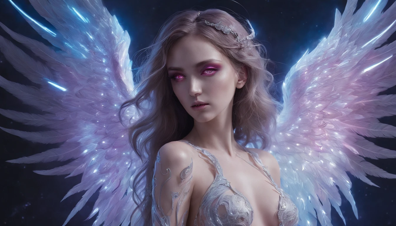 Cosmic Fallen Angel, glowing light eyes, Delicate and beautiful face，Bigchest，Biomechanical, eerie, Dream-like, Very bright colors, Light particles, with light glowing, Mshiv, wallpaper art, UHD wallpaper