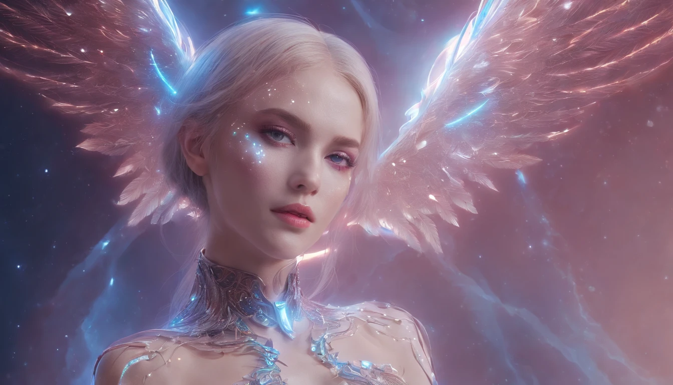 Cosmic Fallen Angel, glowing light eyes, Delicate and beautiful face，Bigchest，Biomechanical, eerie, Dream-like, Very bright colors, Light particles, with light glowing, Mshiv, wallpaper art, UHD wallpaper