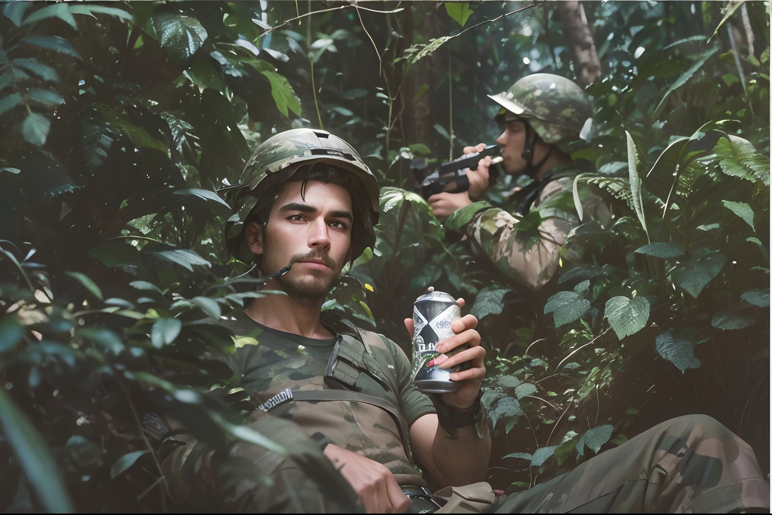 Soldier relaxing in jungle warfare, holding a cold canned drink in his hand, wearing green camo helmet and casual green uniform, 8k