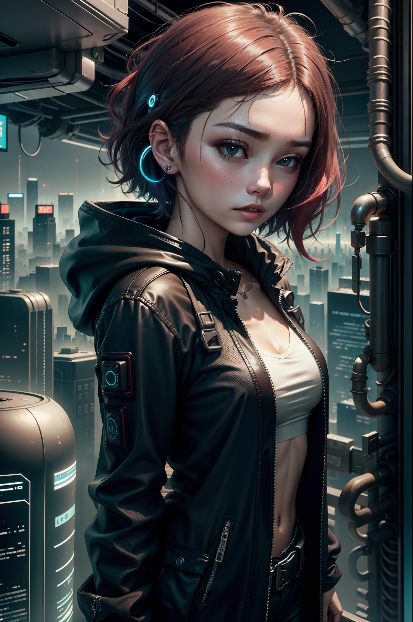 17 year old girl、robe blanche、red hairs、black eyes、short-hair、Cyberpunk city、colorful backdrop