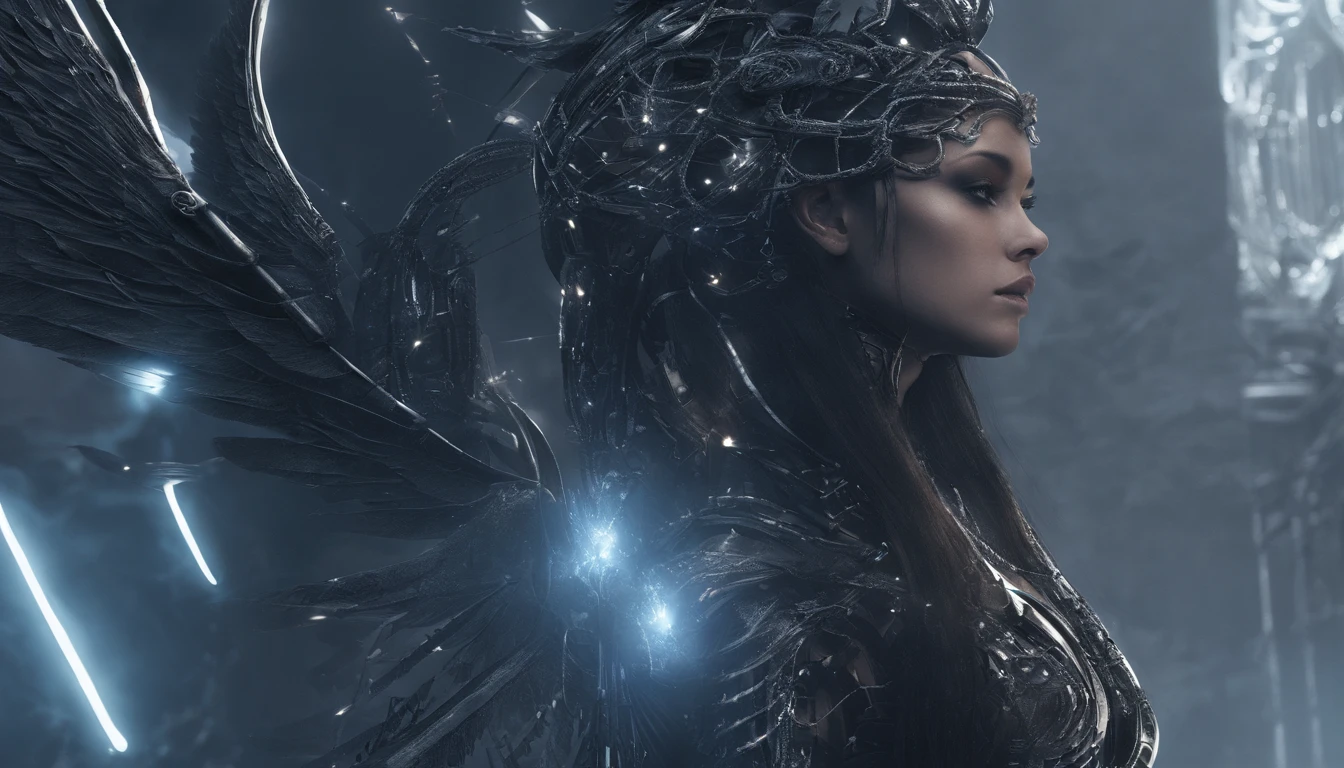 Cosmic Fallen Angel, glowing light eyes, Delicate and beautiful face,Bigchest,Biomechanical, eerie, Dream-like, Very bright colors, Light particles, with light glowing, Mshiv, wallpaper art, UHD wallpaper