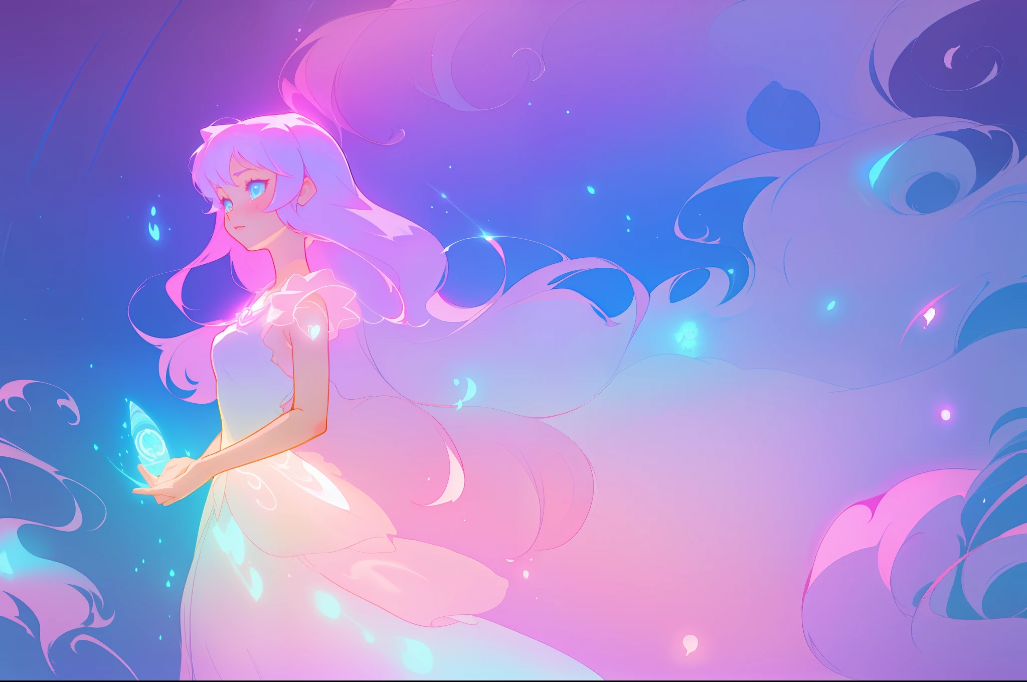 masterpiece, best quality, anime, a girl with long glowing hair, liquid ballgown dress, beautiful anime art style, ethereal anime, inspired by Glen Keane, inspired by Lois van Baarle, disney art style, glowing aura around her, jen bartel, glowing lights, fantasia background, liquid glowing dress, intricate detail