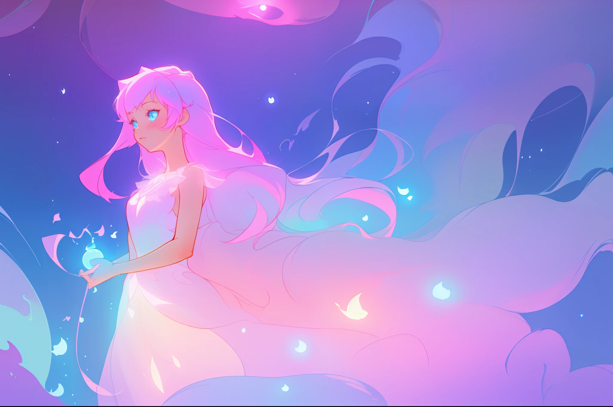 masterpiece, best quality, anime, a girl with long glowing hair, liquid ballgown dress, beautiful anime art style, ethereal anime, inspired by Glen Keane, inspired by Lois van Baarle, disney art style, glowing aura around her, jen bartel, glowing lights, fantasia background, liquid glowing dress, intricate detail