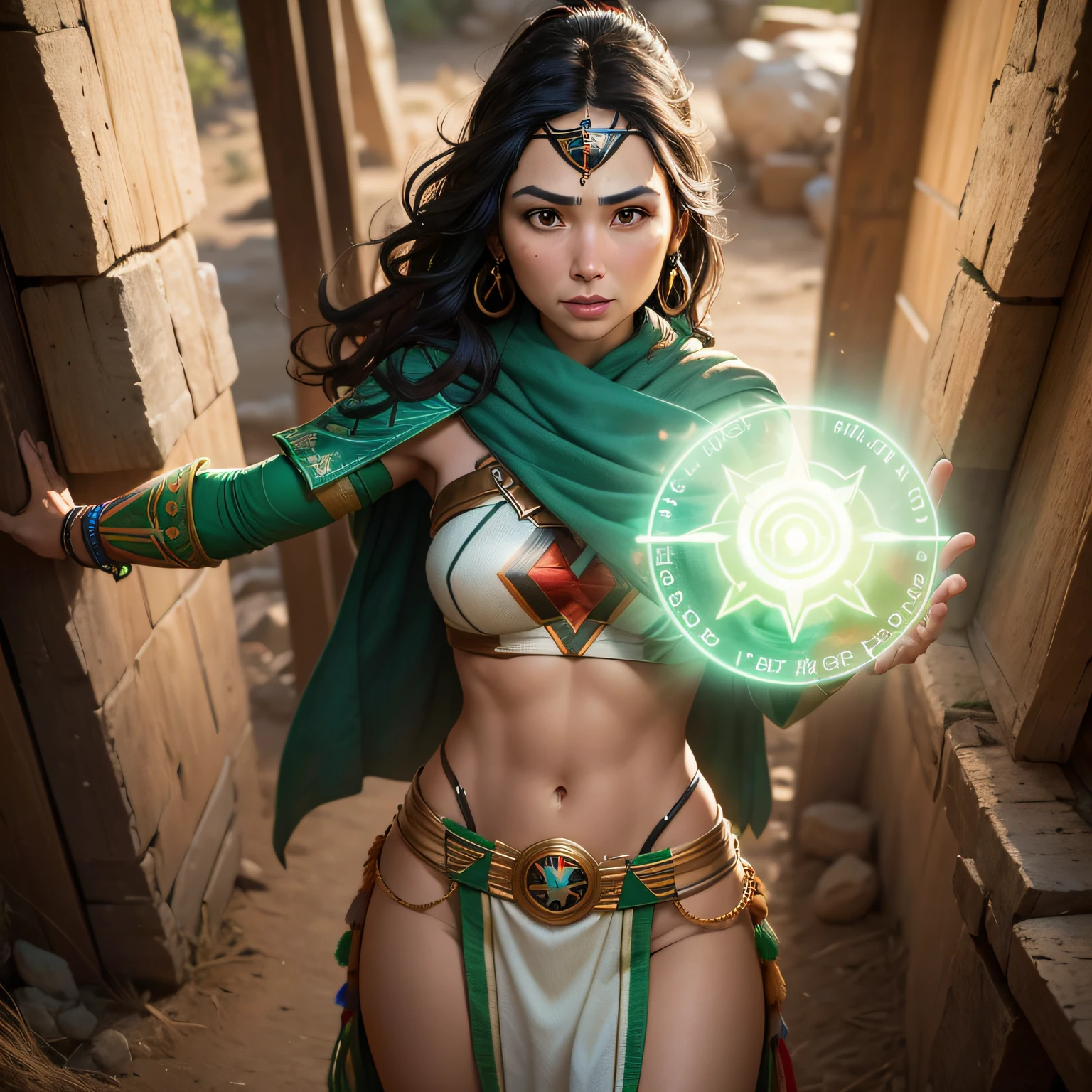 an indigenous woman with the face of Gal Gadot, with healing abilities, wearing clothes from an indigenous tribe, with green energy in her hands.