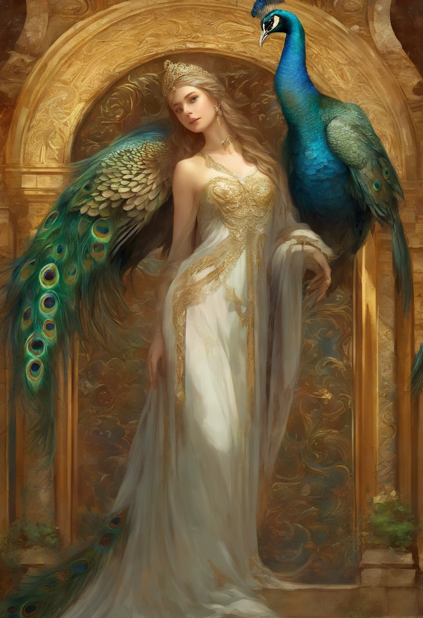((1Homens)) homem rosto com barba, deus da beleza, Deus eros, Deus da Lua, Um retrato impressionante de um deus, Frank Kelly Freas, estilo de Karol Bak, (( rosto lindo),(( floresta mystica celta)), ((with a majestic peacock and a Greek column on the side)), (( majestic peacock,ave de plumagem rara e bonita, Explendida )),
