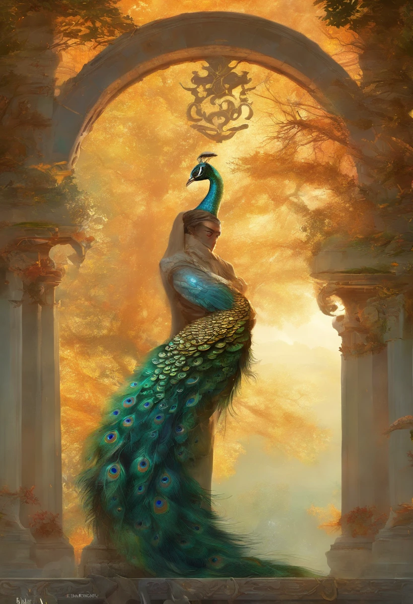 ((1Homens)) homem rosto com barba, deus da beleza, Deus eros, Deus da Lua, Um retrato impressionante de um deus, Frank Kelly Freas, estilo de Karol Bak, (( rosto lindo),(( floresta mystica celta)), ((with a majestic peacock and a Greek column on the side)), (( majestic peacock,ave de plumagem rara e bonita, Explendida )),