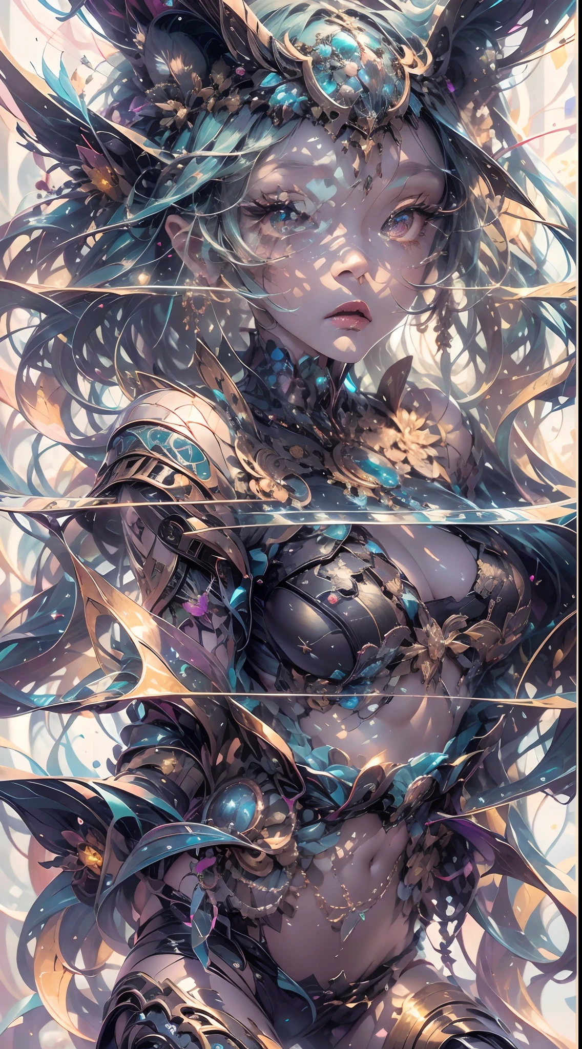 (best qualtiy,ultra - detailed,Most Best Illustration,Best shadow,tmasterpiece,A high resolution,professionalartwork,famousartwork),Detailed eyes,beautidful eyes,closeup cleavage,sci-fy,colored sclera,Robot eyes,face markings,Tattooed with,(fractalized,Fractal eyes),largeeyes,Wide eyes,(Eye focus),sface focus,Cosmic eyes,Space eyes,Close-up of metal sculpture of a woman with a moon in her hair,goddes。extremly high detail,3 d goddess portrait,Extremely detailed footage of the goddess,a stunning portrait of a goddess,Side image of the goddess,portrait of a beautiful goddess,Full body close-up portrait of the goddess,hecate goddess,portrait of a norse moon goddess,goddess of space and time