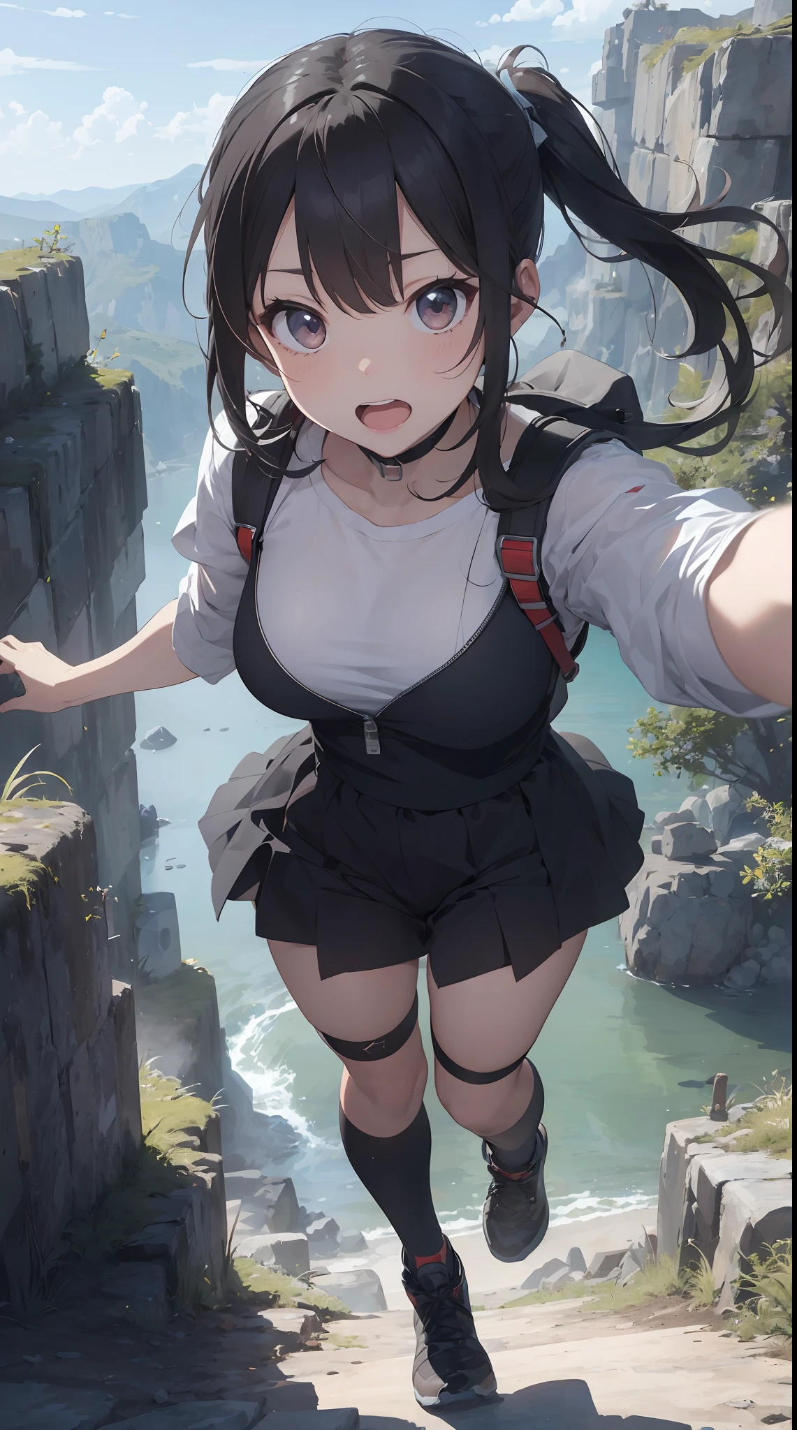 Title: Hiking。 Super high tension girl、Hike in a wacky outfit with open arms in sprint、Rush through the mountain at an unstoppable speed。He looks like a high-tension king.。The composition of the girl's face close-up is also a full-body。The background has a three-dimensional effect and a corner of the details々Ultra-detailed high-quality illustrations that are drawn in vivid colors in detail up to
