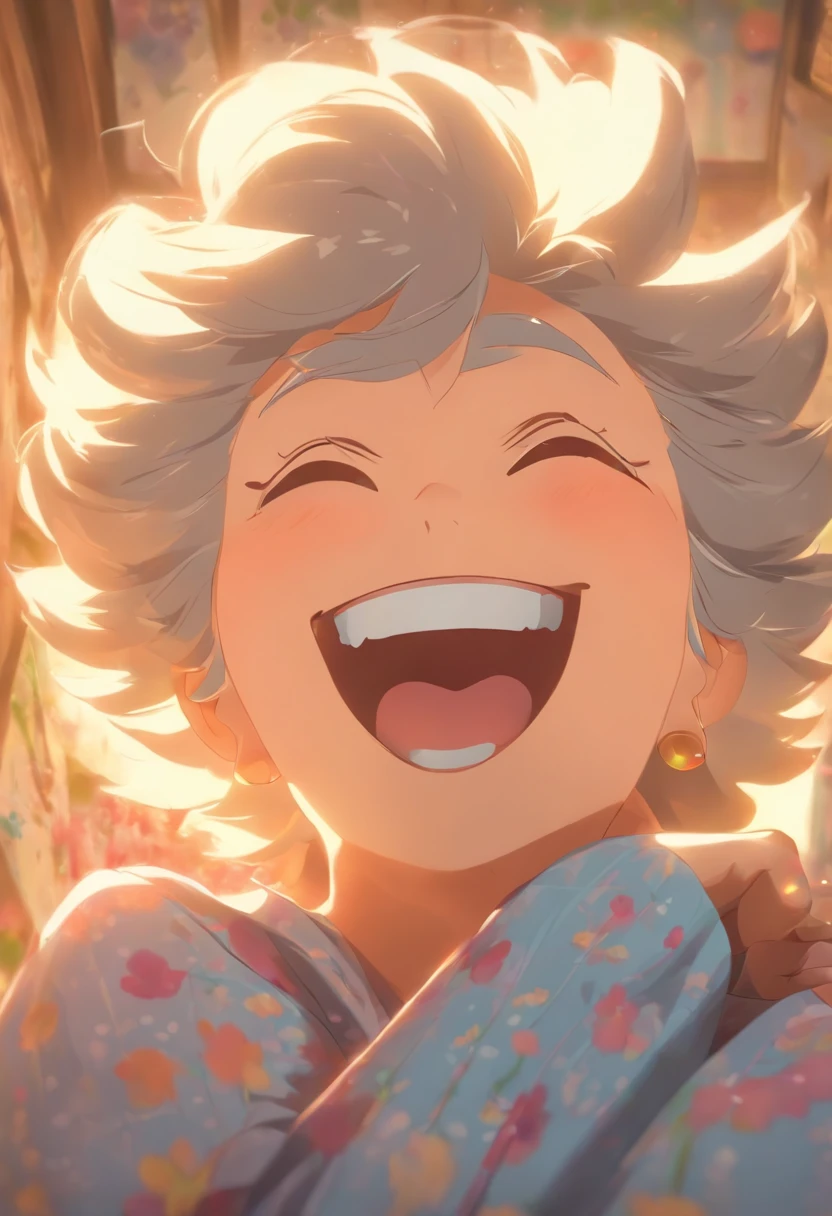 The grandmother woke up early in the morning,Stretch out,Laugh happily,Sunlight shines on the face