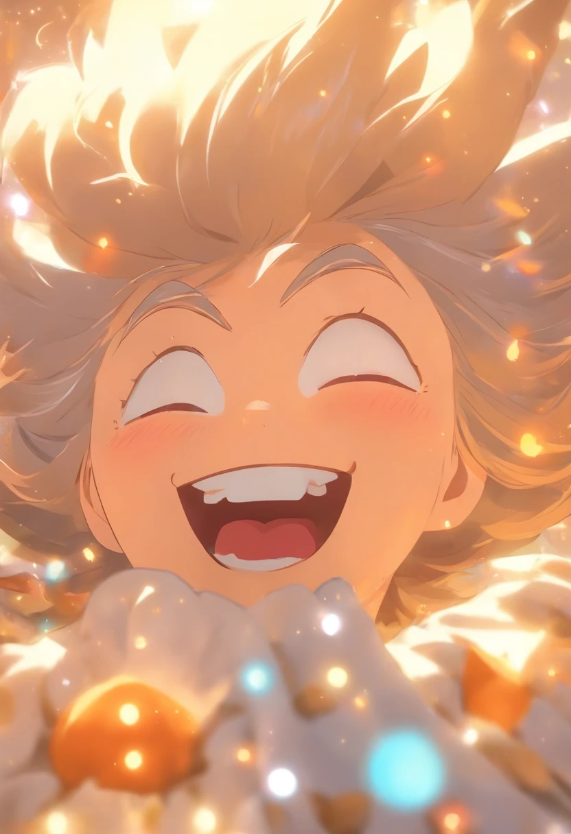 The grandmother woke up early in the morning,Stretch out,Laugh happily,Sunlight shines on the face