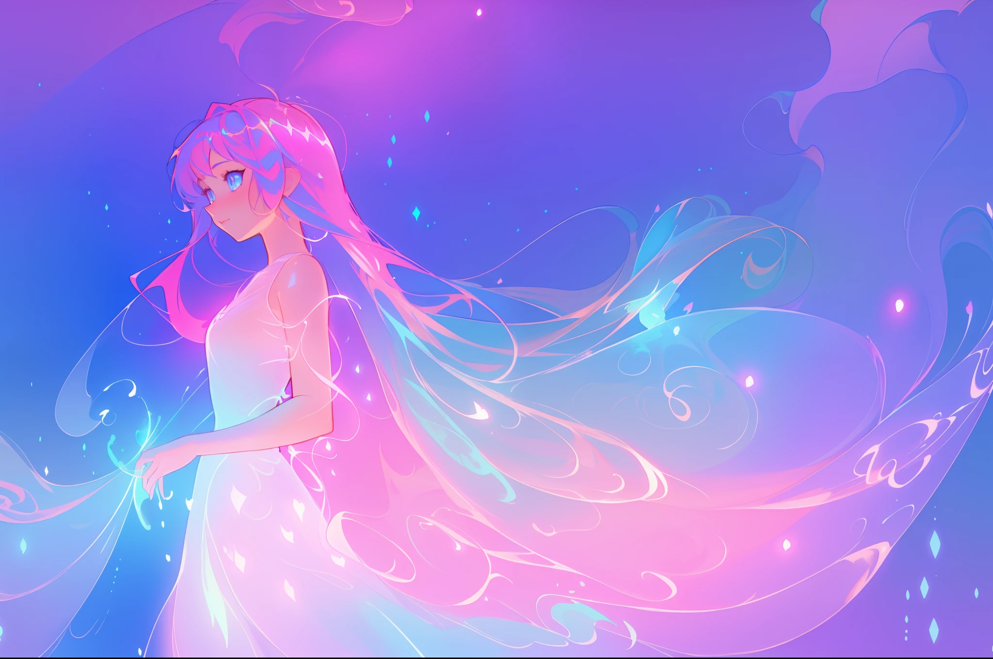 masterpiece, best quality, anime, a girl with long glowing hair, liquid ballgown dress, beautiful anime art style, ethereal anime, inspired by Glen Keane, inspired by Lois van Baarle, disney art style, glowing aura around her, jen bartel, glowing lights, fantasia background, liquid glowing dress, intricate detail