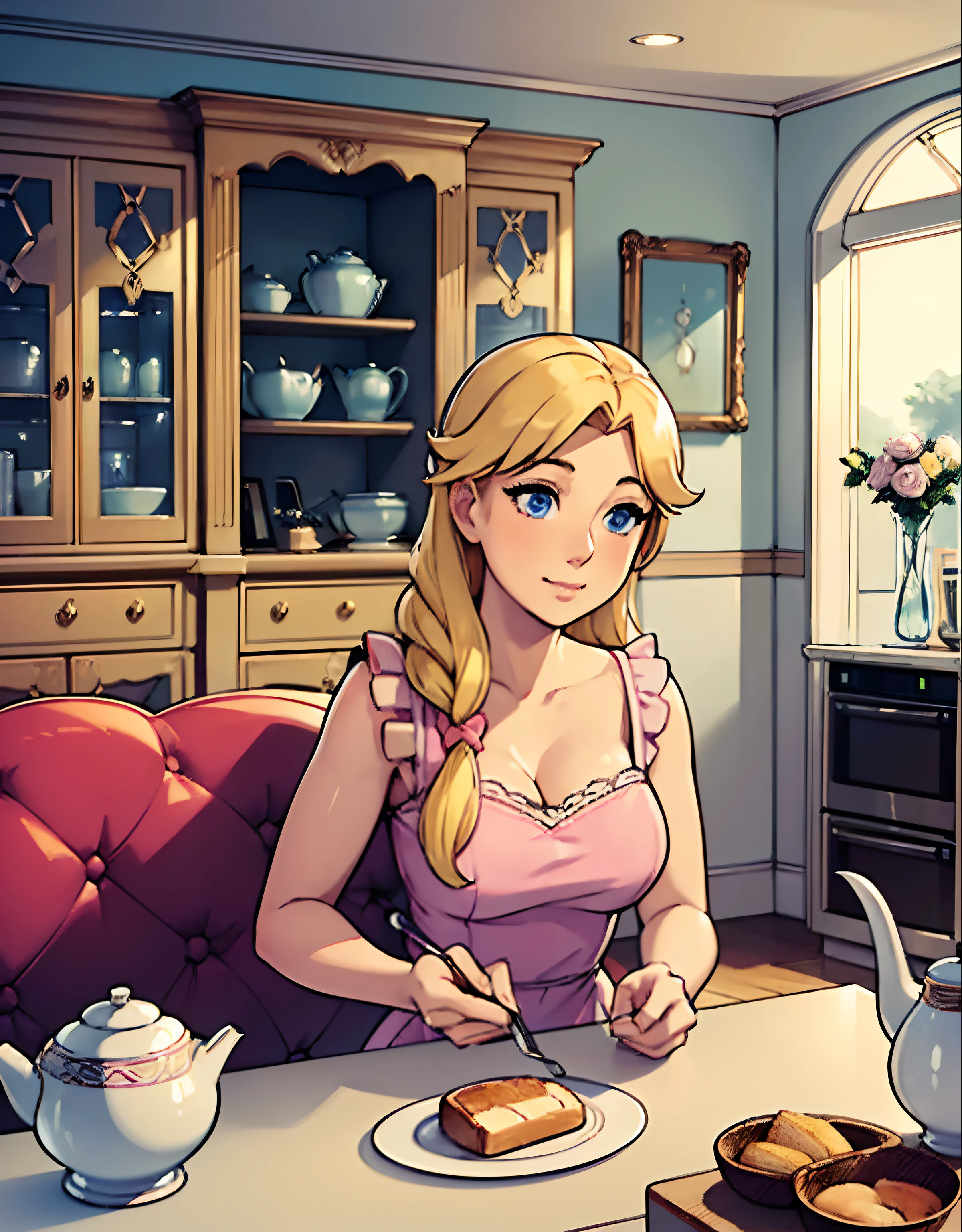 (robot housewife),(display case),(pink dress),(blonde hair),(blue eyes),(plastic skin),(best quality,4k,8k,highres,masterpiece:1.2),ultra-detailed,(realistic,photorealistic,photo-realistic:1.37),portraits,(vibrant colors,colorful:1.1),(soft lighting),(silverware),(spotless kitchen),(beautifully decorated room),(floral wallpaper),(sparkling clean),(freshly baked bread),(kitchen appliances),(polished countertops),(cooking utensils),(elegant surroundings),(big windows),(tidy and organized),(comfortable living space),(tastefully designed),(lush garden),(well-kept lawn),(bright and inviting),(cozy couch),(artificial plants),(stunning artwork),(dainty tea set),(delicate porcelain figurines),(glass showcase),(precious collectibles),(interesting artifacts),(showcasing treasures),(spotlight),(meticulously arranged),(enticing arrangement)