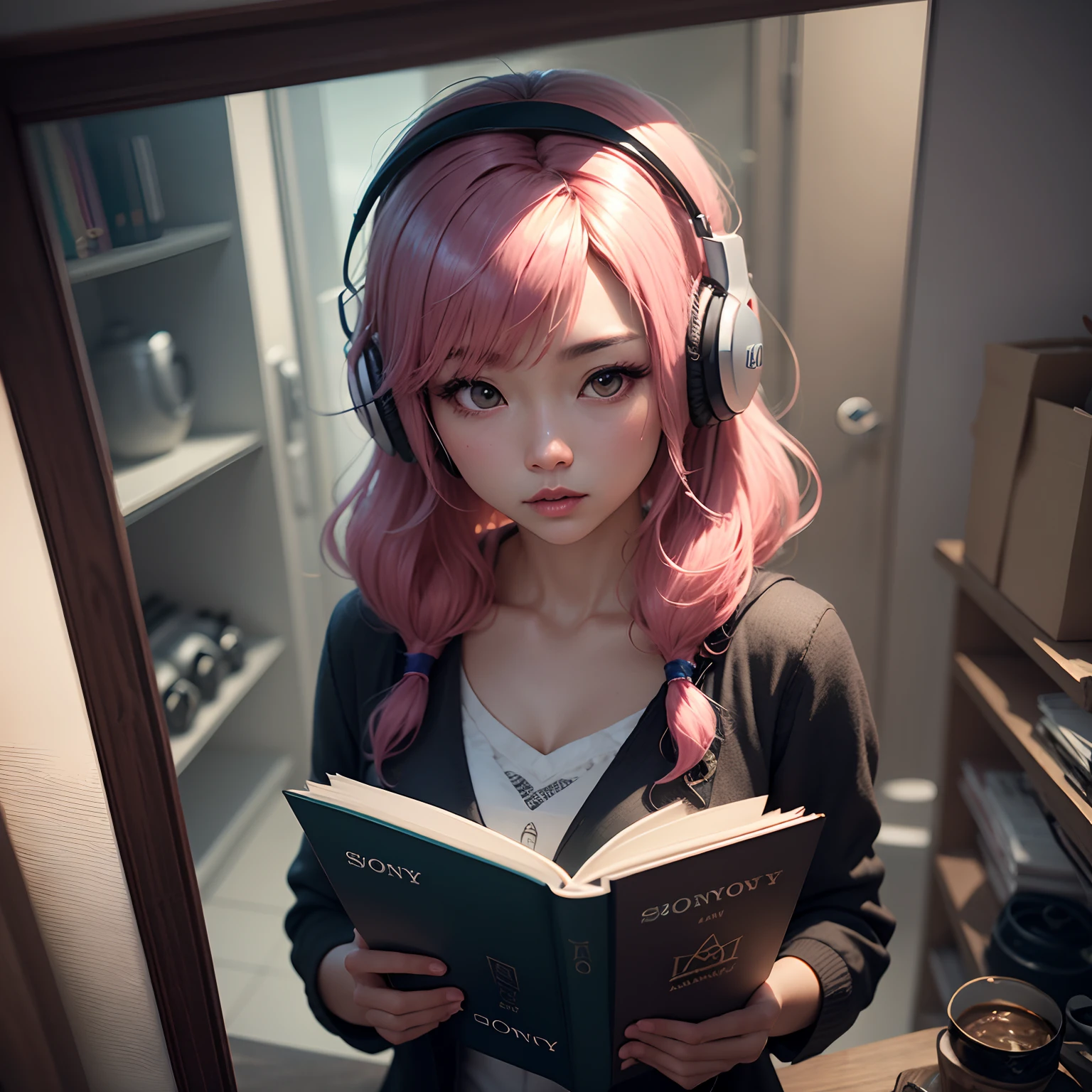 Amai Liu, cabelo rosa longos, cabelos expressivos, bobes de cabelo, headphones on head, pupilas em forma de diamante, riso abafado, Ao ar livre, ray tracing, reflection light, panorama, Sony FE GM, Sony FE