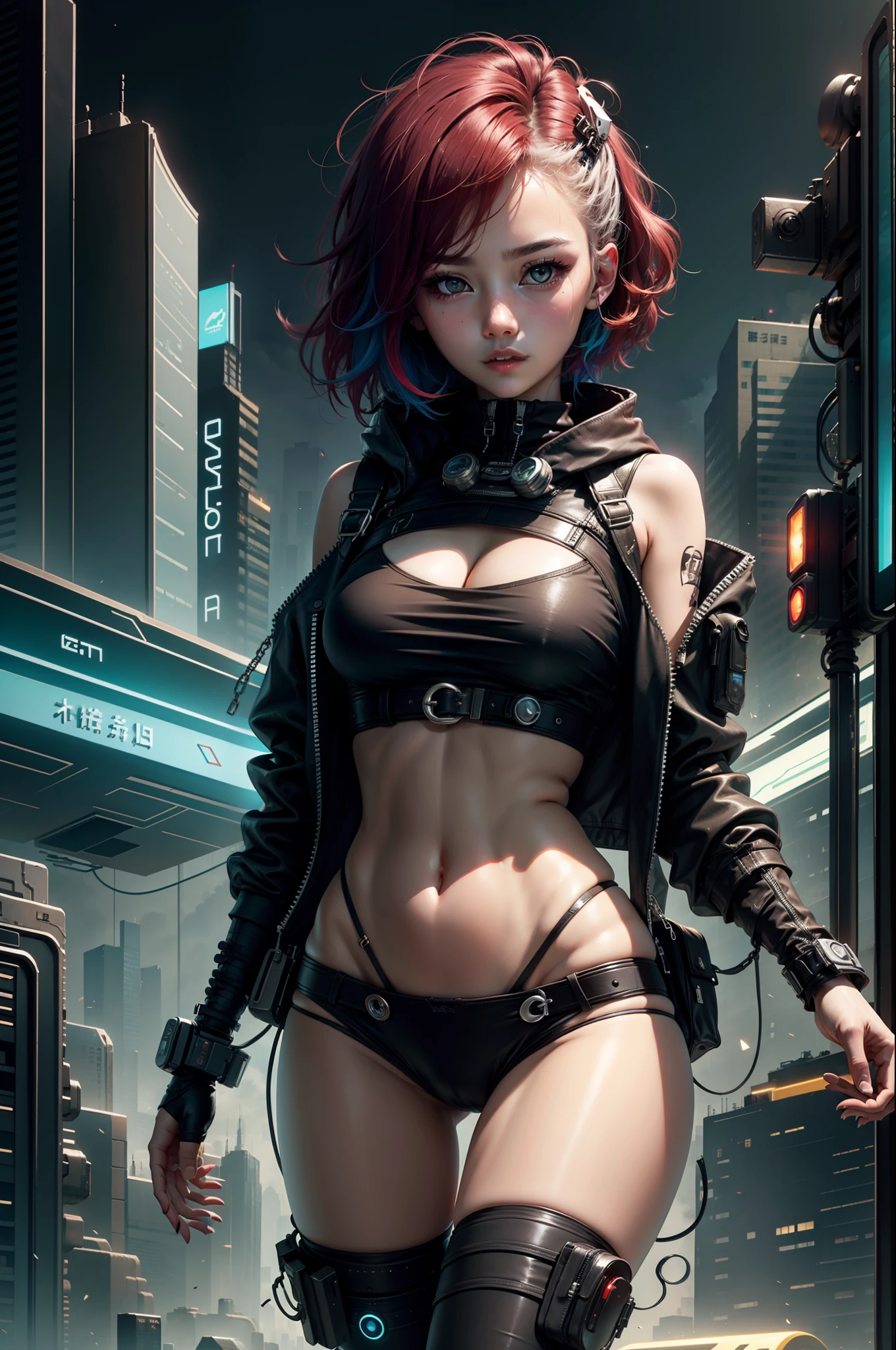 17 year old girl、robe blanche、red hairs、black eyes、short-hair、Cyberpunk city、colorful backdrop