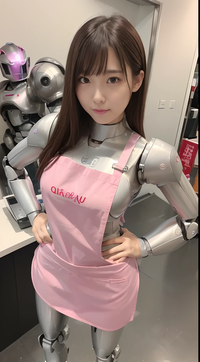 (Photorealsitic:1.4)、One-woman、(top-quality)、(hyperdetailed face)、(Super well-formed face)、((Robot Parts))、(Female-Robot)、(26 years-old)、(silver)、(pink there)、(metallic)、(Full-body)、(sexy pose)、(Slender body)、(Model body type)、(full body mech)、(Akihabara)、(is looking at the camera)、(A dark-haired)、(Well-proportioned lady)、(a small face)、(well-groomed fingers)、(Idol)、(front facing)、(Standing with legs open)、(Hands on hips)、(Photo session)、(Looks sad)、(put on an pink-apron)、(perfect-female-robot)、(perfect-mechanical-body)