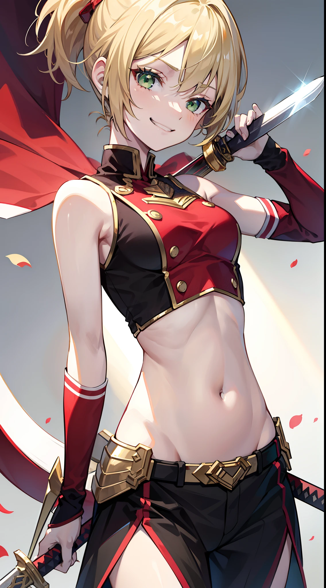 young girl, short blonde hair, high ponytail, Green eyes, Red Knight Uniform, Sleeveless, open shoulders, open belly, a sword, smirk, Masterpiece, hiquality, 4k, HD, Good detail