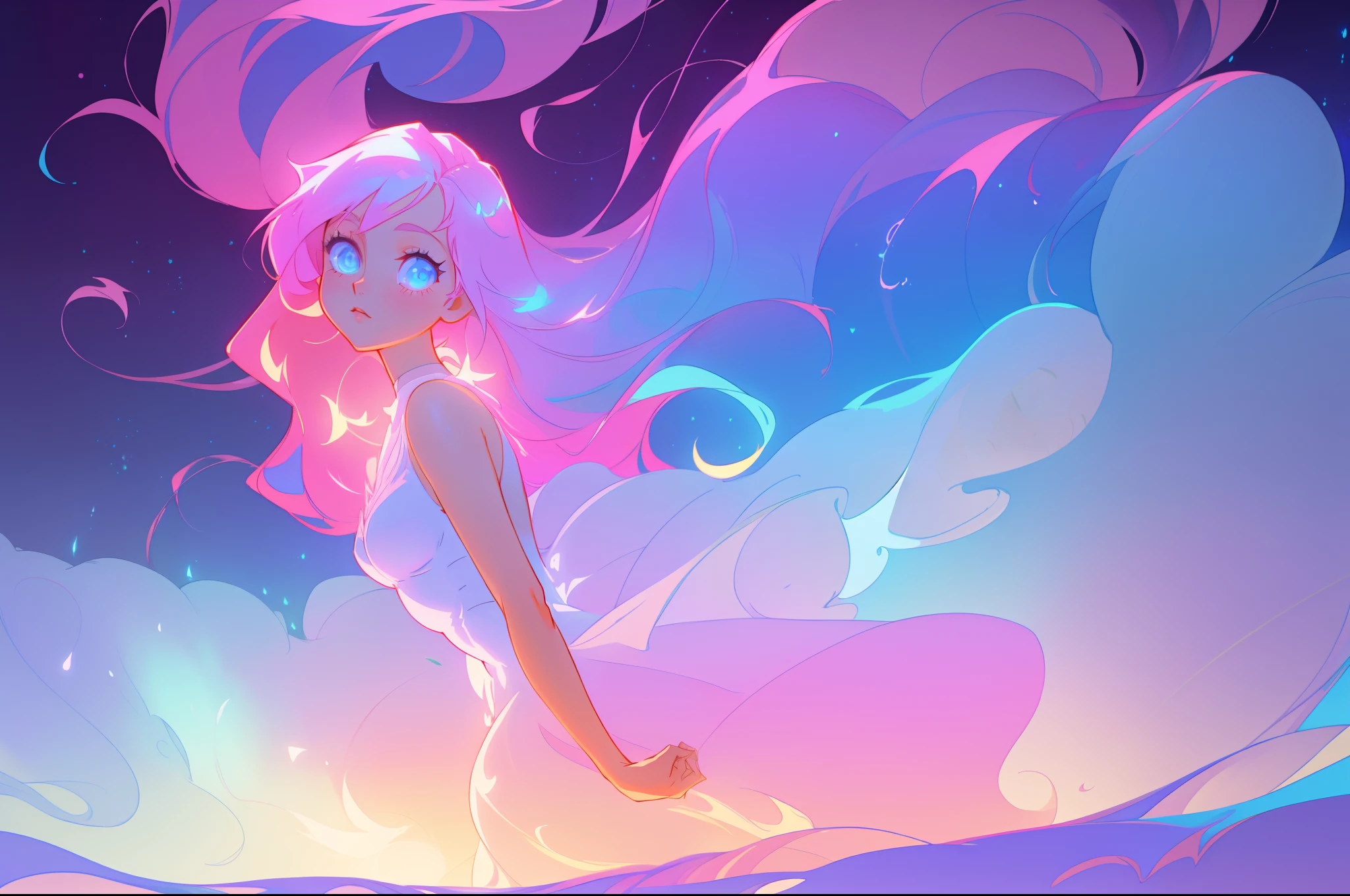 masterpiece, best quality, anime, a girl with long glowing hair, liquid ballgown dress, beautiful anime art style, ethereal anime, inspired by Glen Keane, inspired by Lois van Baarle, disney art style, glowing aura around her, jen bartel, glowing lights, fantasia background, liquid glowing dress, intricate detail