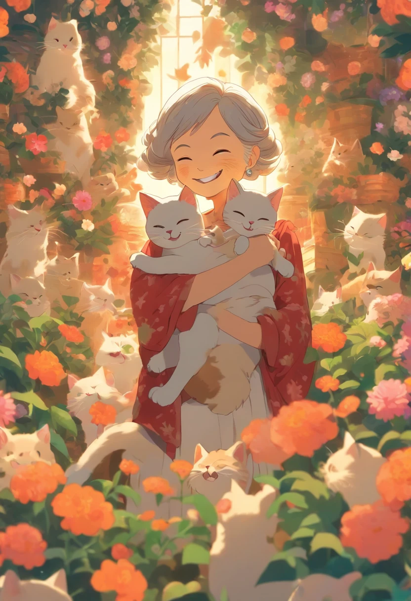 Grandmother holding a cat,Laugh happily,The back is surrounded by many flowers