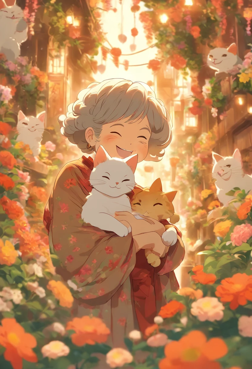 Grandmother holding a cat，Laugh happily，The back is surrounded by many flowers