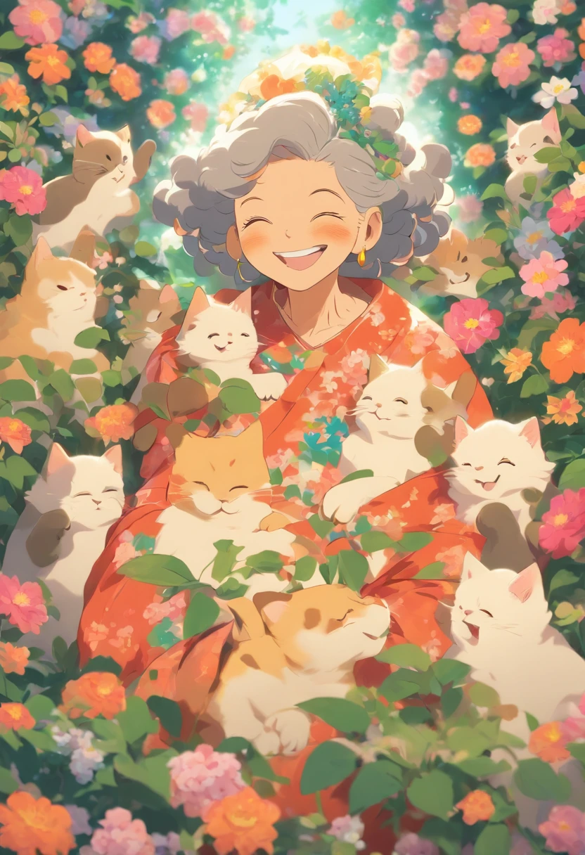 Grandmother holding a cat,Laugh happily,The back is surrounded by many flowers