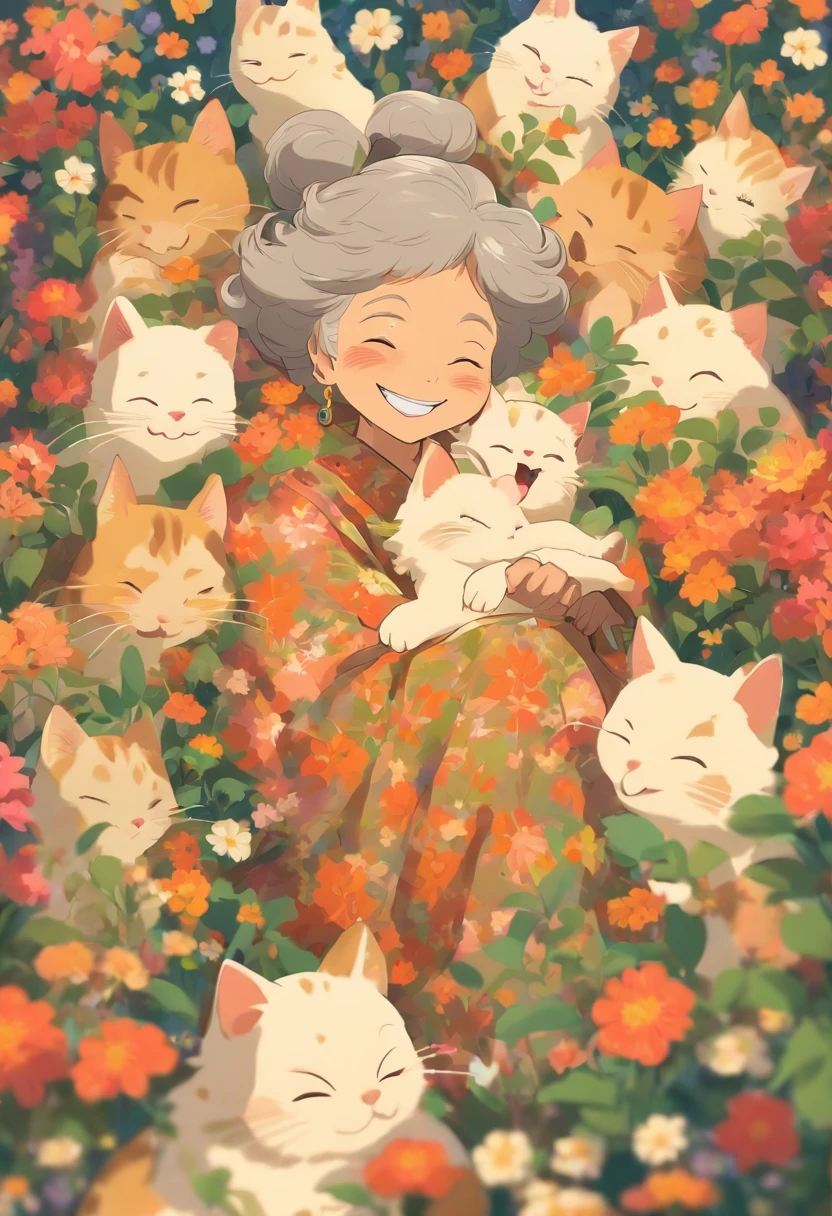 Grandmother holding a cat，Laugh happily，The back is surrounded by many flowers