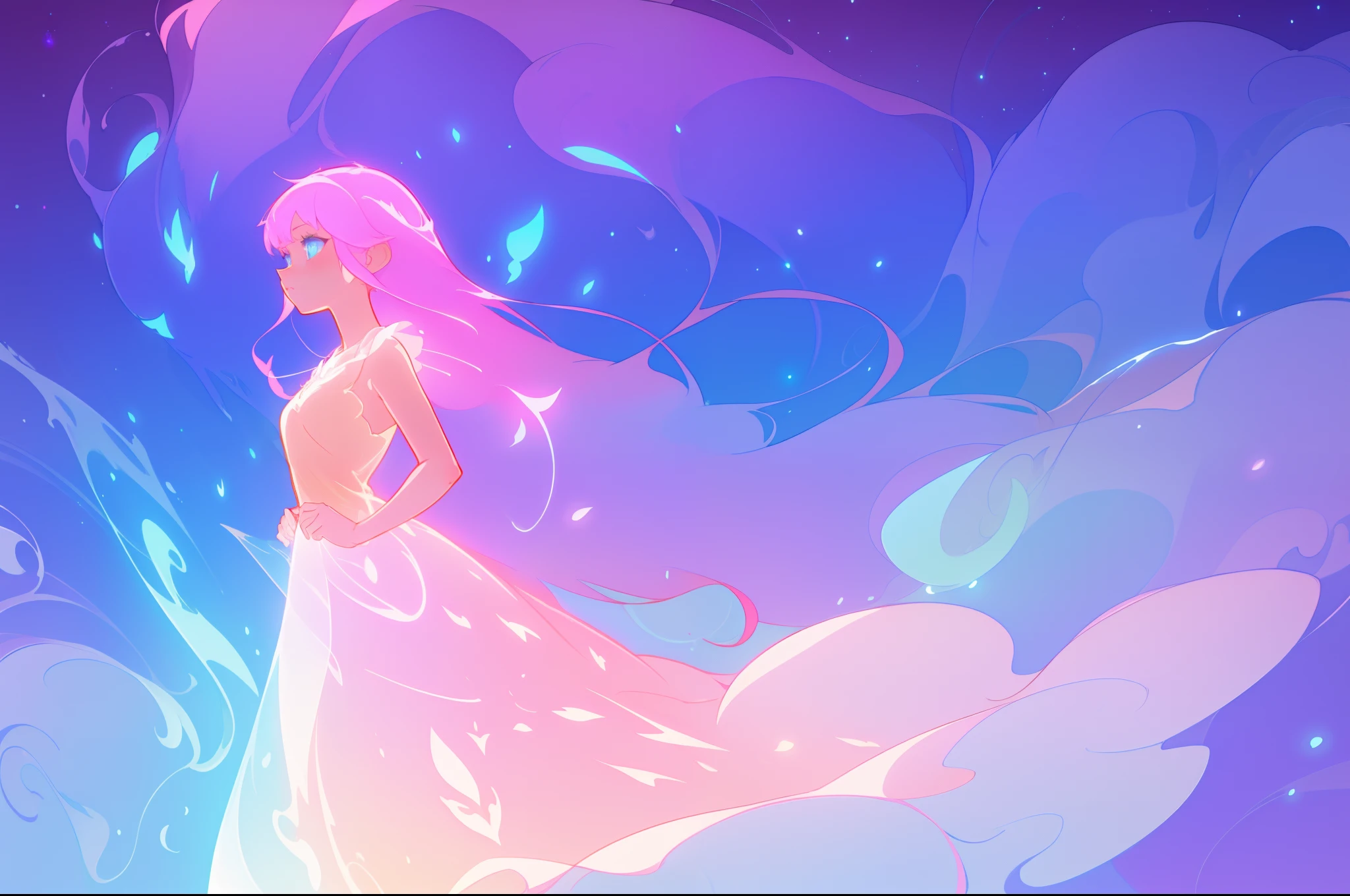 masterpiece, best quality, anime, a girl with long glowing hair, liquid ballgown dress, beautiful anime art style, ethereal anime, inspired by Glen Keane, inspired by Lois van Baarle, disney art style, glowing aura around her, jen bartel, glowing lights, fantasia background, liquid glowing dress, intricate detail