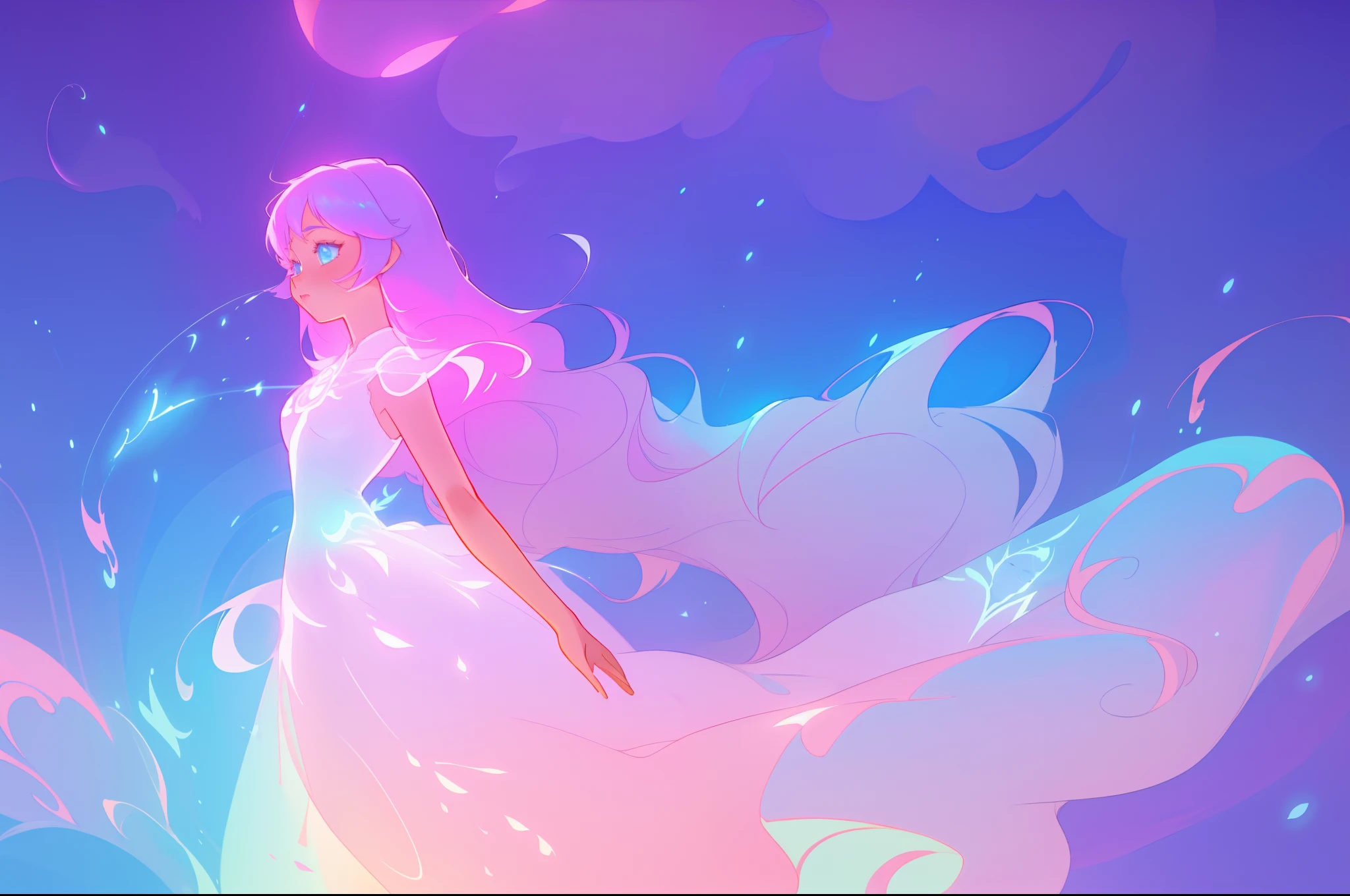masterpiece, best quality, anime, a girl with long glowing hair, liquid ballgown dress, beautiful anime art style, ethereal anime, inspired by Glen Keane, inspired by Lois van Baarle, disney art style, glowing aura around her, jen bartel, glowing lights, fantasia background, liquid glowing dress, intricate detail