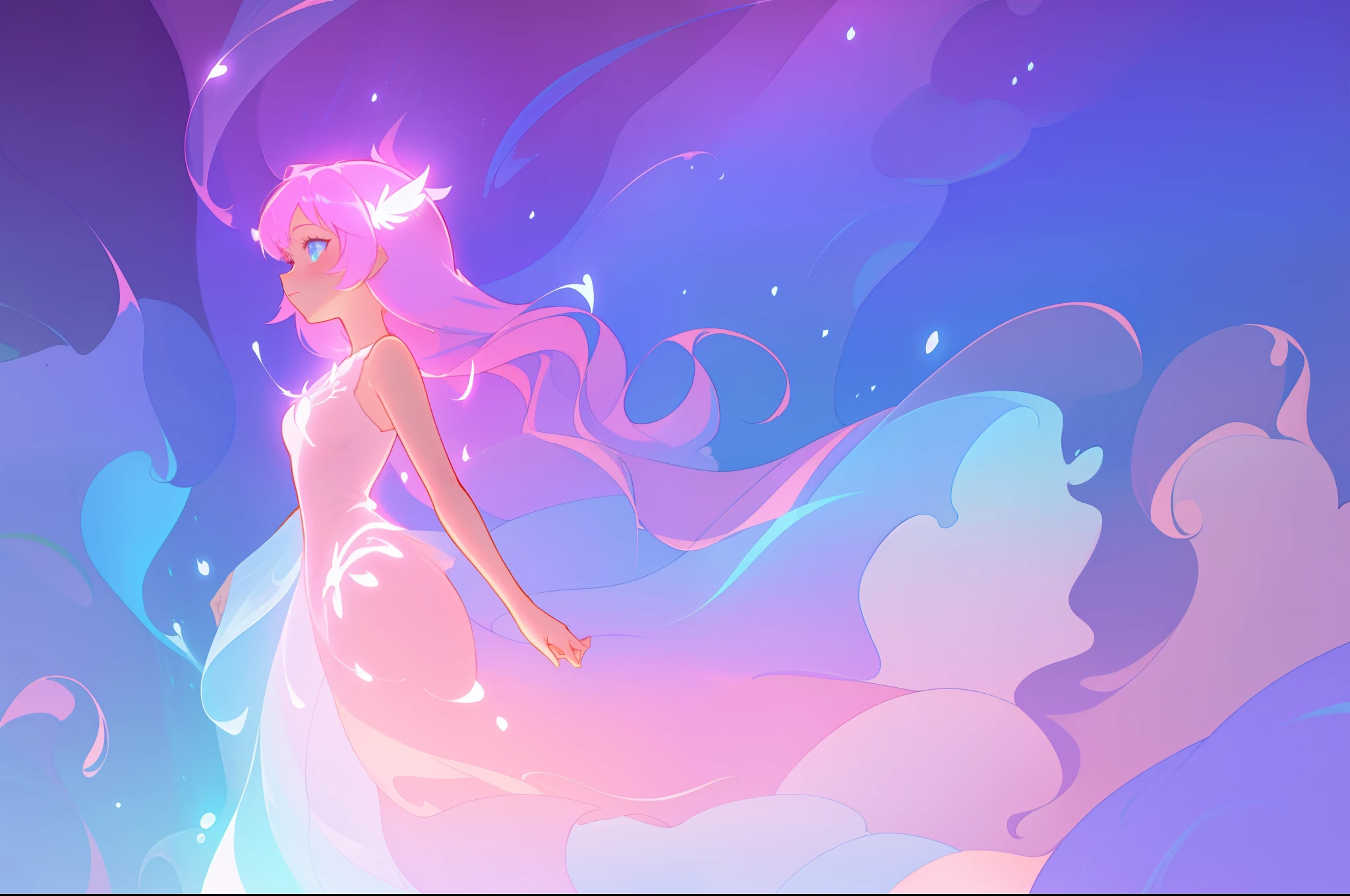 masterpiece, best quality, anime, a girl with long glowing hair, liquid ballgown dress, beautiful anime art style, ethereal anime, inspired by Glen Keane, inspired by Lois van Baarle, disney art style, glowing aura around her, jen bartel, glowing lights, fantasia background, liquid glowing dress, intricate detail