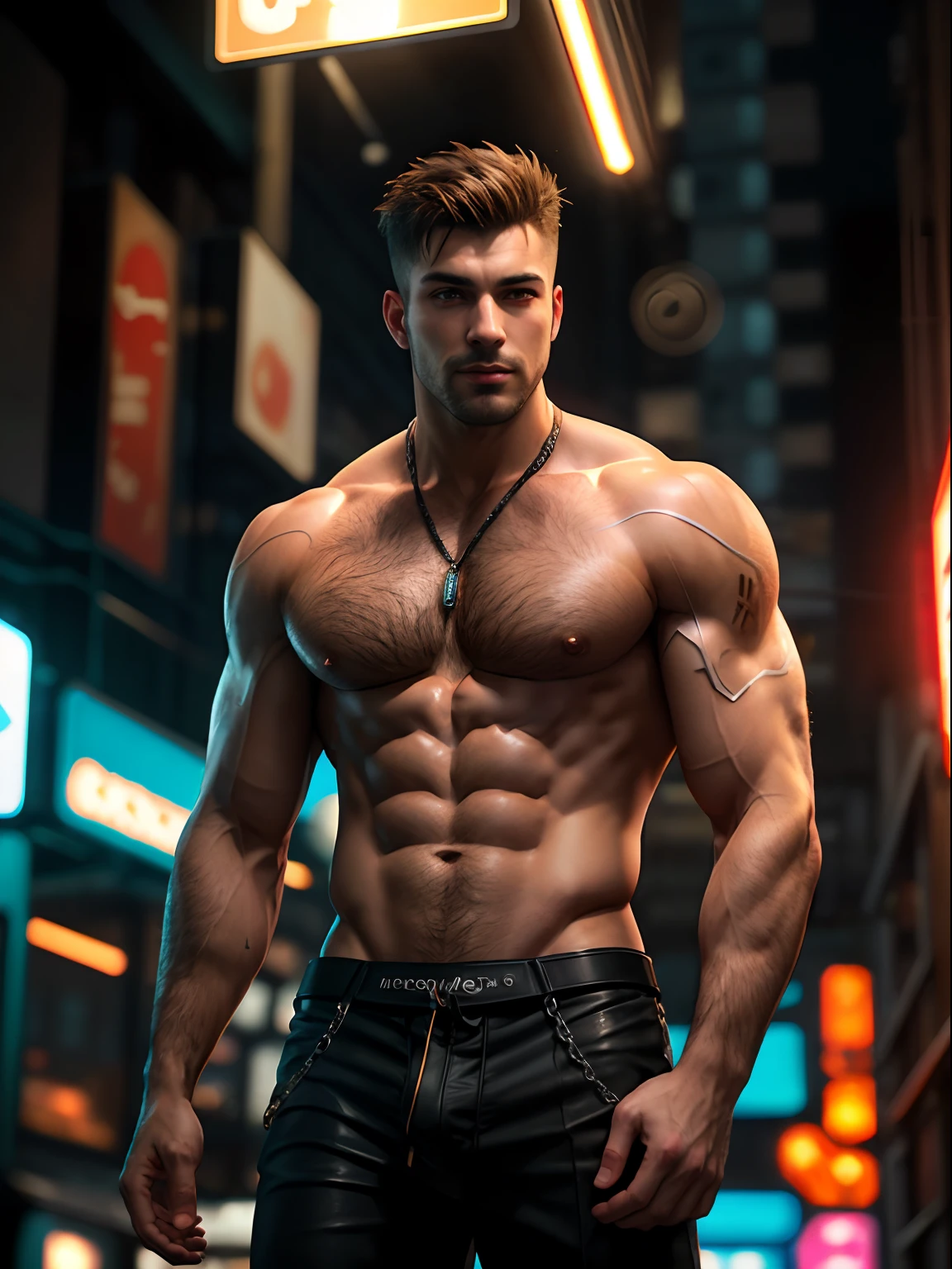 masterpiece, best quality, high resolution, male focus, solo focus, muscular, burly, hairy, male, (no shirt: 1.2), A handsome man, with robot body parts, penis out of pants, erection, in a cyberpunk city, neon lights, blurred background, scruffy face, arrogant smirk, amazing composition, front view, HDR, volumetric lighting, ultra quality, elegant, highly detailed