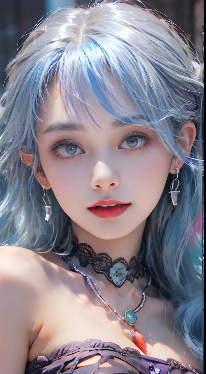 Beautiful and sexy 20 year old girl, Wearing an ultra-thin red dress, ((Long dyed blue hair with blue bangs Purple Platinum White Blue:1.5)), The most detailed jewelry and beautiful hair , ((Wearing a purple lace necklace:1.6) )), Super cute little face, Very pretty face, Thin eyebrows, Perfect beautiful face, ((black eye pupil: 0.8)), Very beautiful eyes, ((Light red eyes:1.5)), Beautiful makeup and detailed eyelashes, Wet eye makeup, High Nose, earrings, Red lips, ((Closed mouth:1;5 )) Beautiful lips, Slim hands, The most beautiful thighs, ((Arms spread out to the sides: 1.5)), Rosy face, Clean face, Perfect beautiful face, smooth white skin, (Big breasts: 1.5)), ((high breasts: 1.6 )), Plump breasts, Beautiful cleavage, ((Large, Super Round Chest: 1.8))), ((Super tight breasts: 1.5)), Beautiful breasts, back arms, Beautiful girl's upper body, Photo 8k, ultra-quality, Hyper realistic, 10x Super Pixels, Photo Real, Dark Studio, Light Edge, Two-tone bright colors, (High Detail Skin:1.2), Super 8K, Soft light, High quality, Volumetric lighting, Realistic, Photo, High resolution, Lighting, Best Photo, 4K, The 8k quality, Blur effect, Smooth and sharp, 10 x pixels, (Galaxy: 1.7) , Aurora, Lightning, Surreal graphics, The most realistic graphics, Alone, Solo, Very sharp, Surreal images, (((frontal portrait:1.0)))."