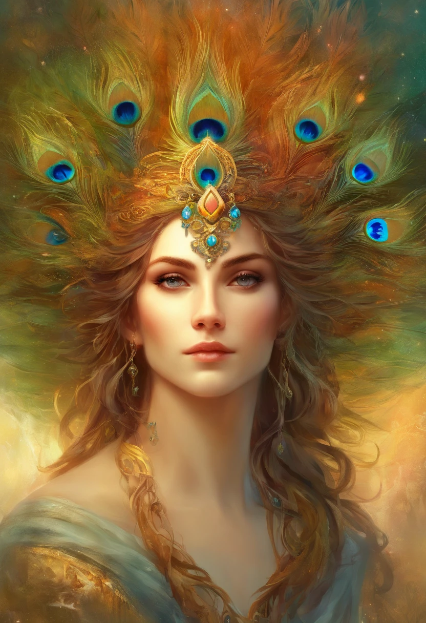((1Homens)) ((homem rosto com barba, deus da beleza)), ((Deus Eros)), Deus da Lua, Um retrato impressionante de um deus, Frank Kelly Freas, estilo de Karol Bak, (( rosto lindo),(( Celtic Mystic Forest)), ((with a majestic peacock and a Greek column beside the man, Deus Eros)), (( majestic peacock,ave de plumagem rara e bonita, Explendida )),