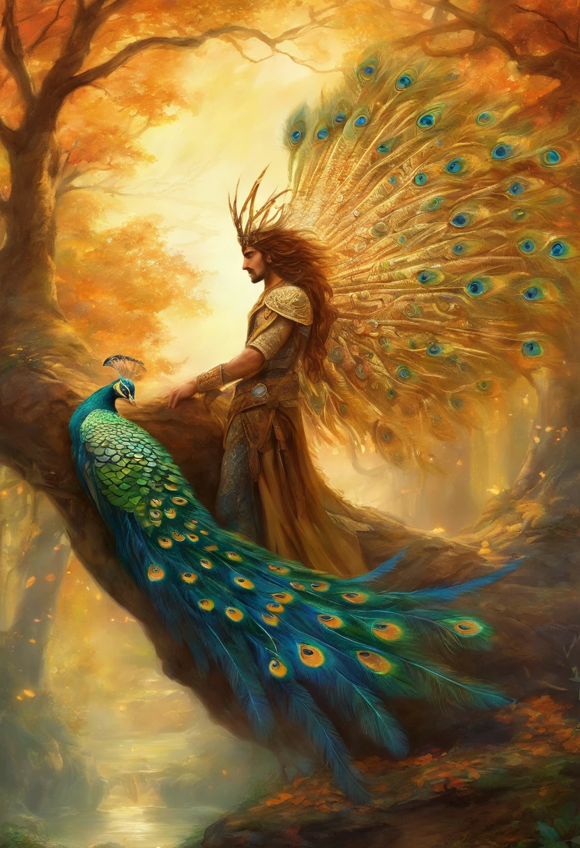 ((1Homens)) ((homem rosto com barba, deus da beleza)), ((Deus Eros)), Deus da Lua, Um retrato impressionante de um deus, Frank Kelly Freas, estilo de Karol Bak, (( rosto lindo),(( Celtic Mystic Forest)), ((with a majestic peacock and a Greek column beside the man, Deus Eros)), (( majestic peacock,ave de plumagem rara e bonita, Explendida )),