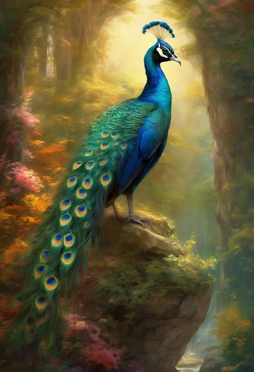 ((1Homens)) ((homem rosto com barba, deus da beleza)), ((Deus Eros)), Deus da Lua, Um retrato impressionante de um deus, Frank Kelly Freas, estilo de Karol Bak, (( rosto lindo),(( Celtic Mystic Forest)), ((with a majestic peacock and a Greek column beside the man, Deus Eros)), (( majestic peacock,ave de plumagem rara e bonita, Explendida )),