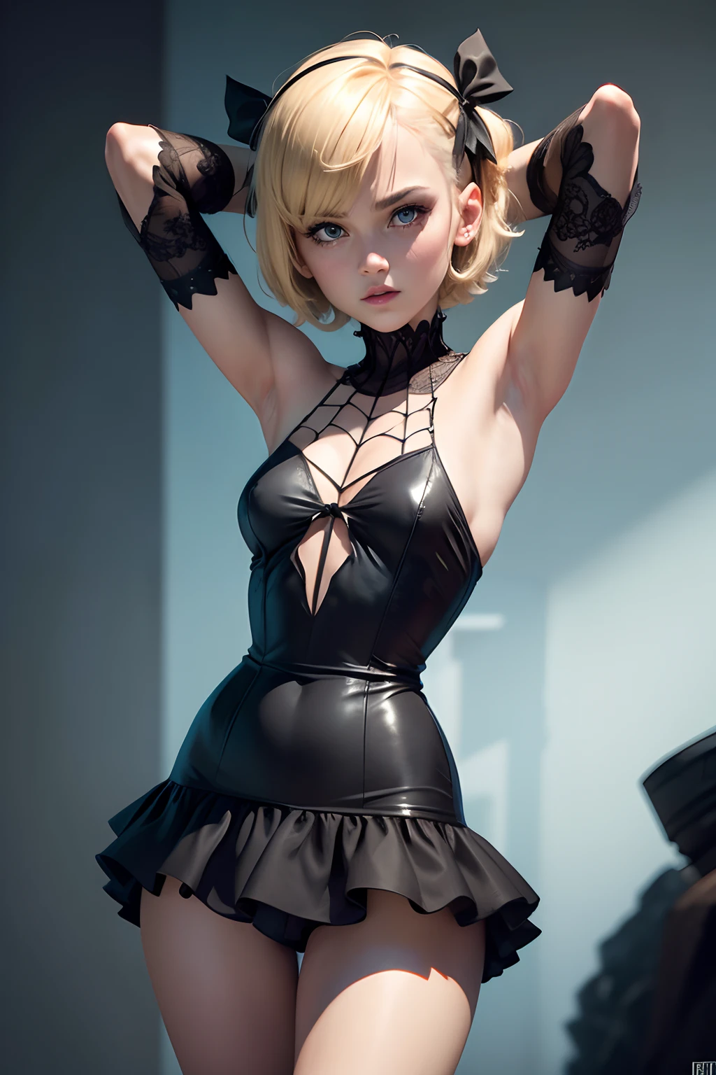Gwen spider, shorts dress, armpits, ojos azules, blond hair, short hair, hair ribbon, black dress, nude.