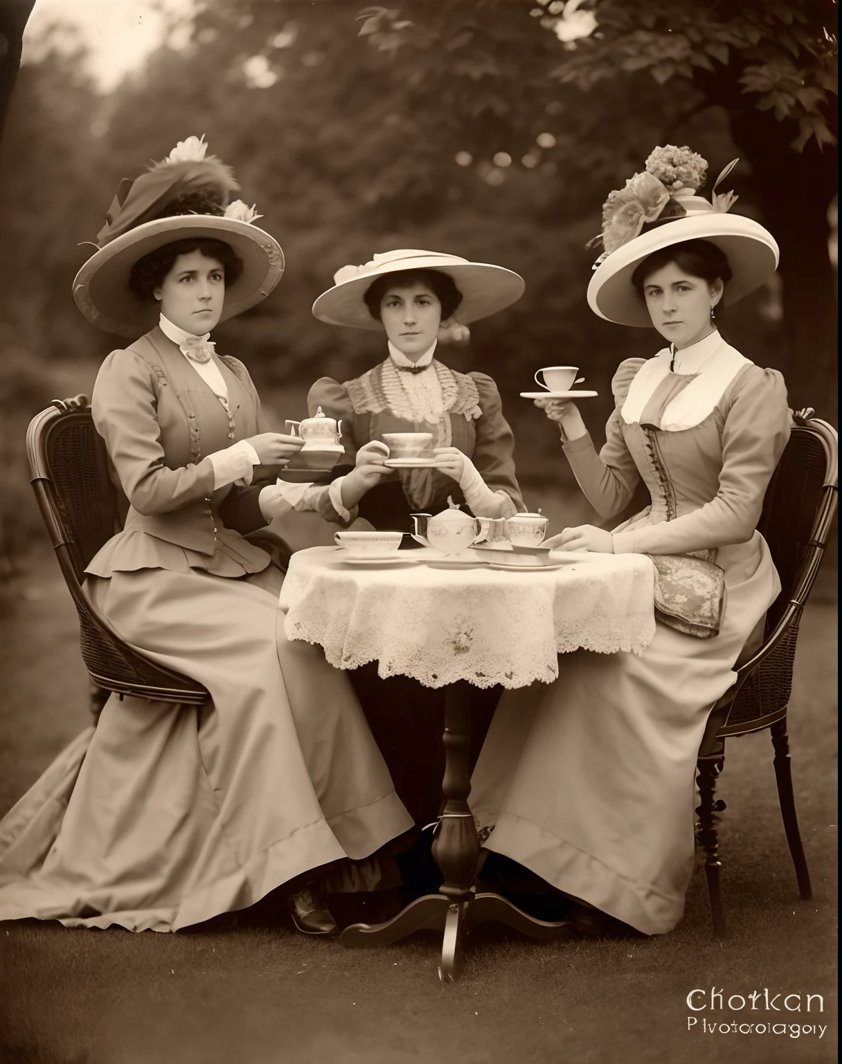 three women in hats sitting at a table with tea cups, 1 9 1 0 s style, victorian england style, 1 9 1 0 s photography, 1 9 0 0 s photography, 1900s photography, victorian era, wearing 1890s era clothes, grayscale 1 9 0 0 s picture, wearing victorian clothes, victorian photo