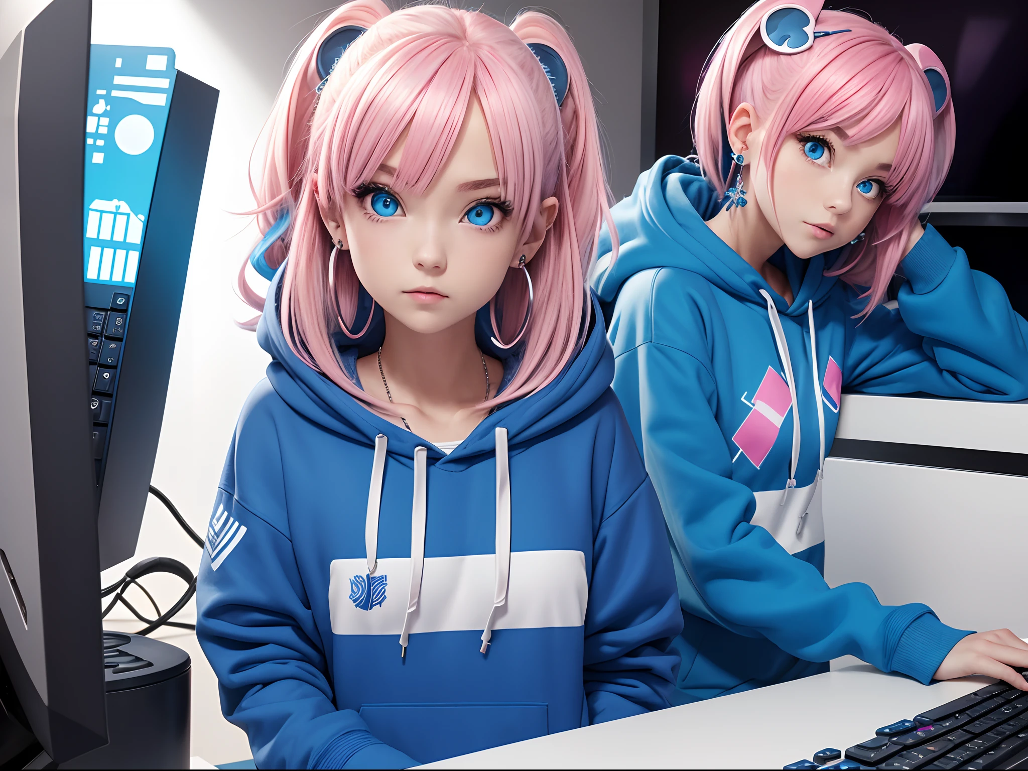 mika pikazo, 1girll, Blue eyes, Blue hoodie, Computer, Earrings, Hood, Hoodie, jewelry, keyboard (Computer), logo, Logo imitation, mouse (Computer), Multicolored eyes, Pink hair, recycle bin, Solo, White background, Yellow eyes, ,
