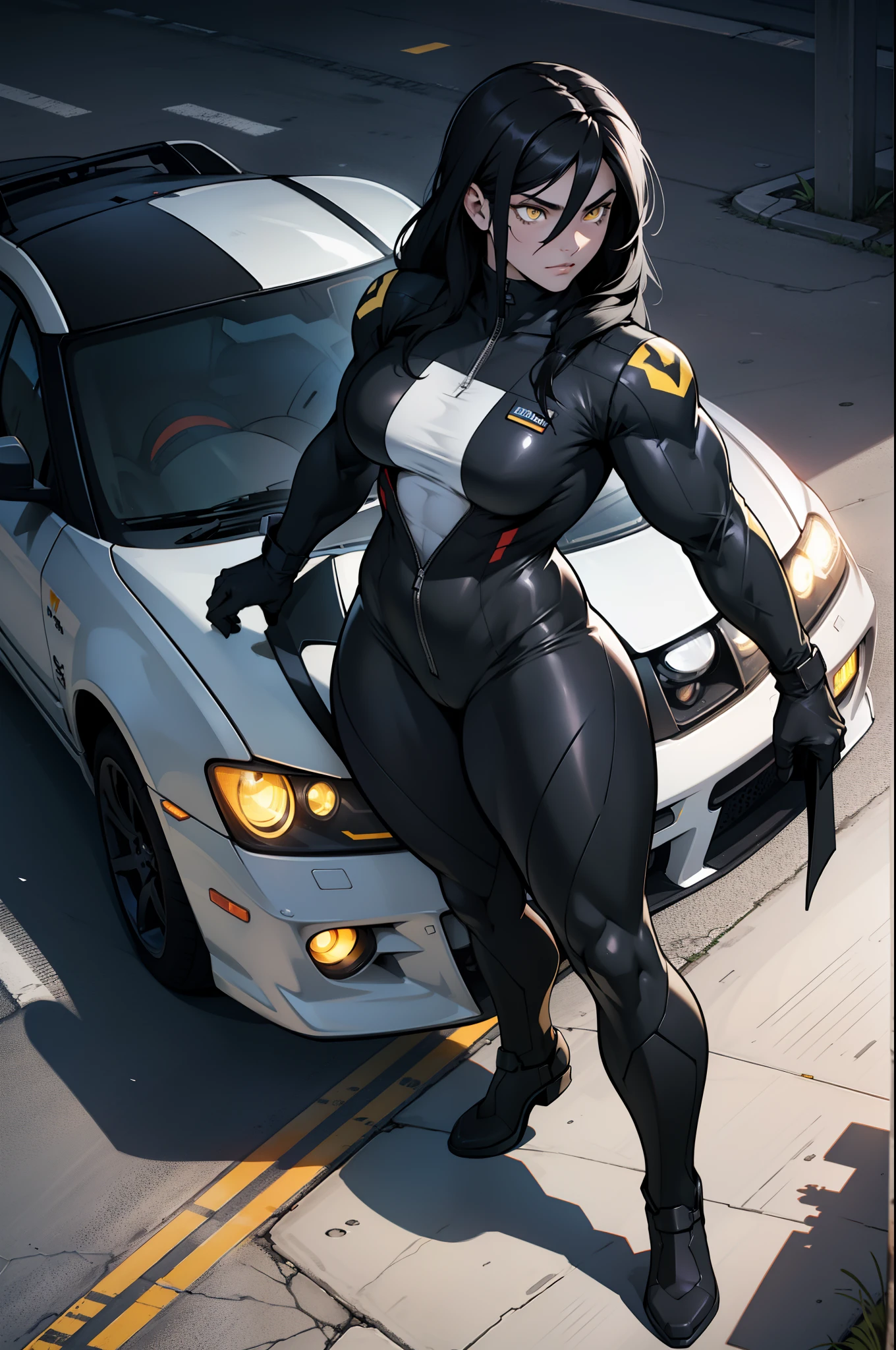 1 girl, black hair, yellow eyes, very long hair, pale skin, ((((extremely muscular)))), large breasts, curvy, concrete, shadow, dark atmosphere, (pilot suit), car