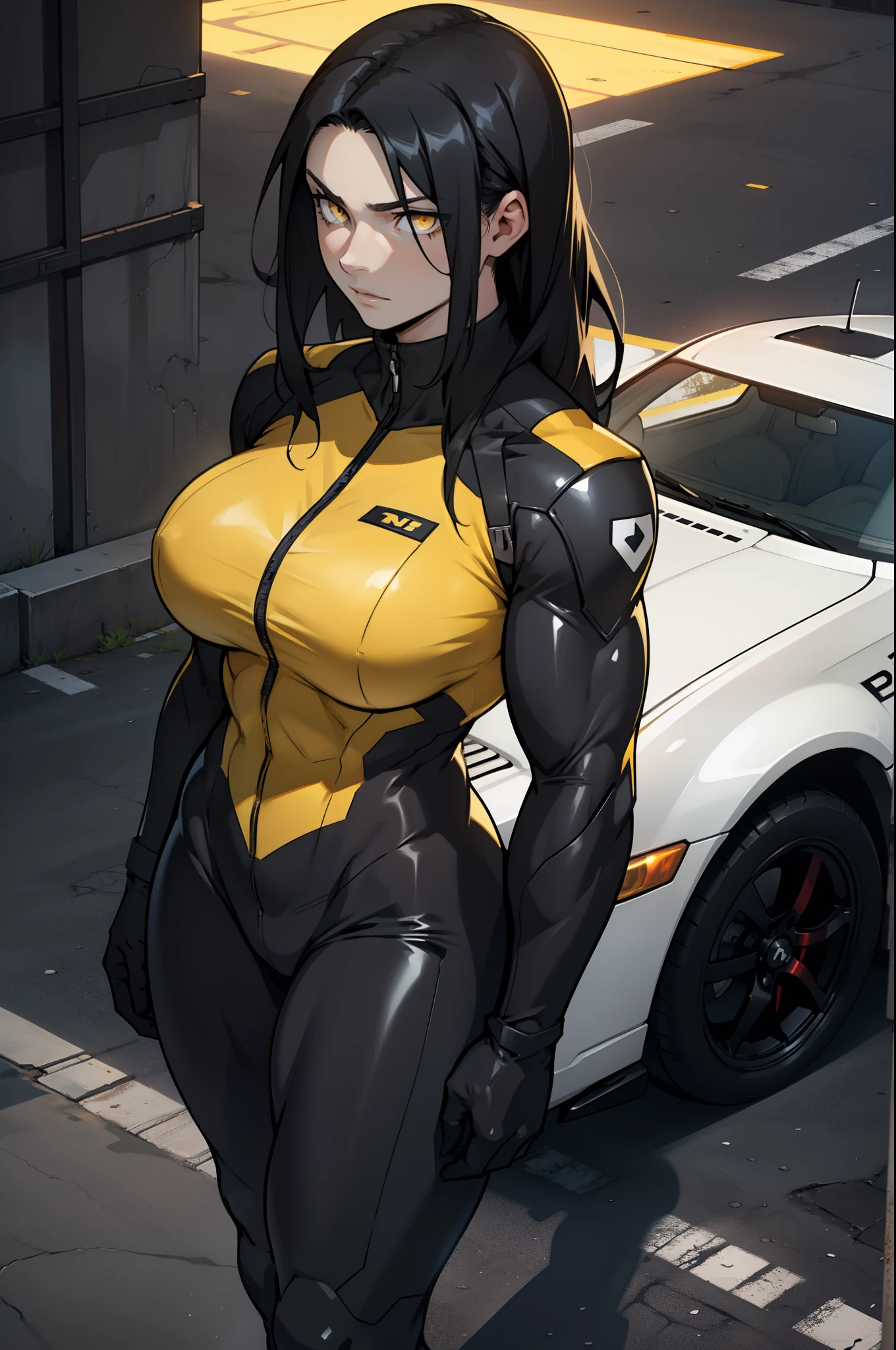 rape face black hair yellow eyes pale skin muscular huge thighs breasts huge muscles toned body woman bodysuit muscular thick