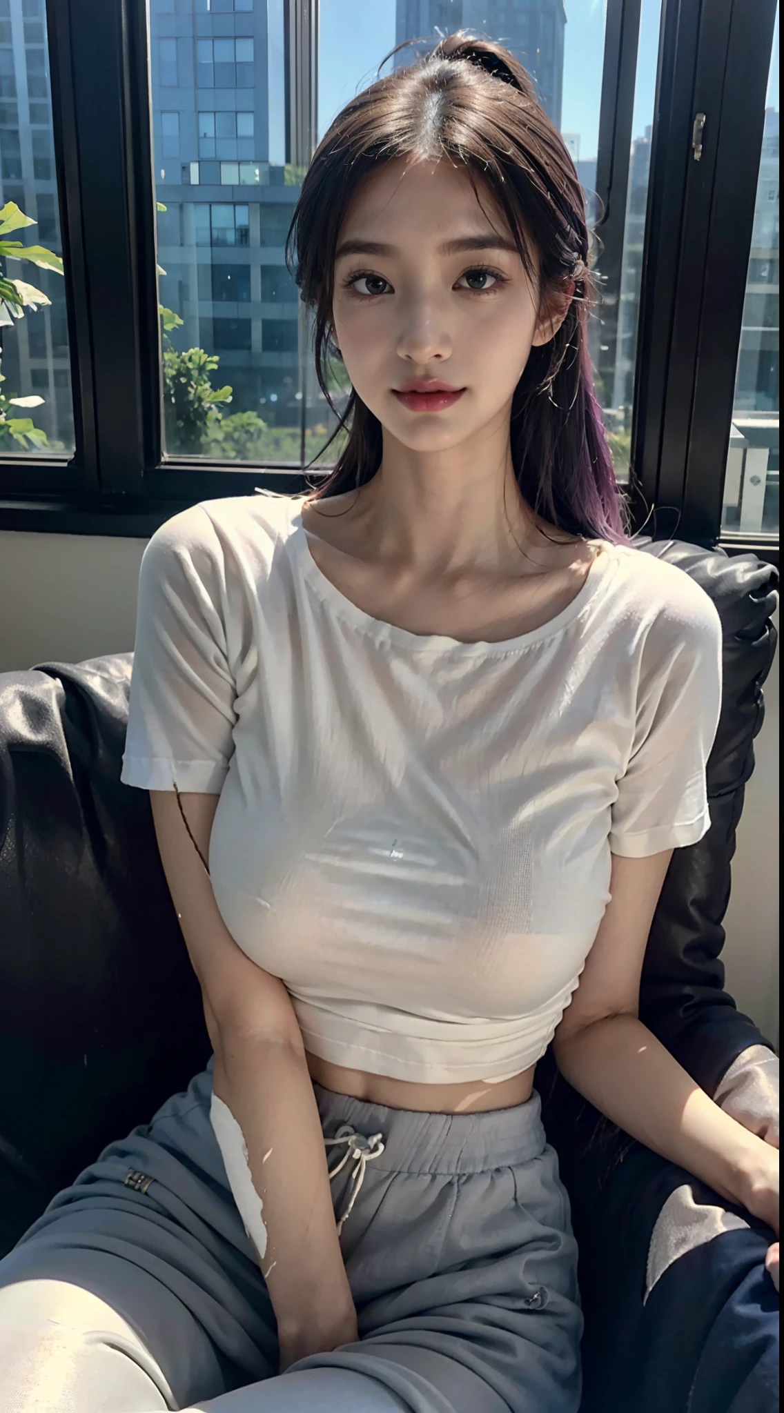 Marine art robots ,upscaled 、RAW photography、top-quality、tmasterpiece:1.2)、(hentail realism、photoRealstic:1.37)、1girl in、Nepali、25 age old、femele、(deep in the night)、rays of sunshine、a room、Daytime city view from the window、Studio lighting、Face Lights、photon maping、Radio City、Purple hair、A detailed face、Detailed lips、A detailed eye、More skin、二重まぶた、(Huge circle:1.3)、((exposure))、(T-shirt and jogging bottoms、nepal)、(T-shirt)、(Wear a t-shirt and jogging bottoms)、((no brassiere)))、Exposed cleavage、cropped shoulders、Thighs exposed、(camel-toe)、perfect bodies、shiny skins、(body wet with sweat:1.2)、smirking face、((Sit on the))、Make eye contact with the camera、The background camera lens is blurred、depth of fields、35 meters、ultra - detailed、hyper qualit、Flawless、Anime tattoo on the right hand、((Vintage Style Photography 1:1)),((NSFW 1:0))