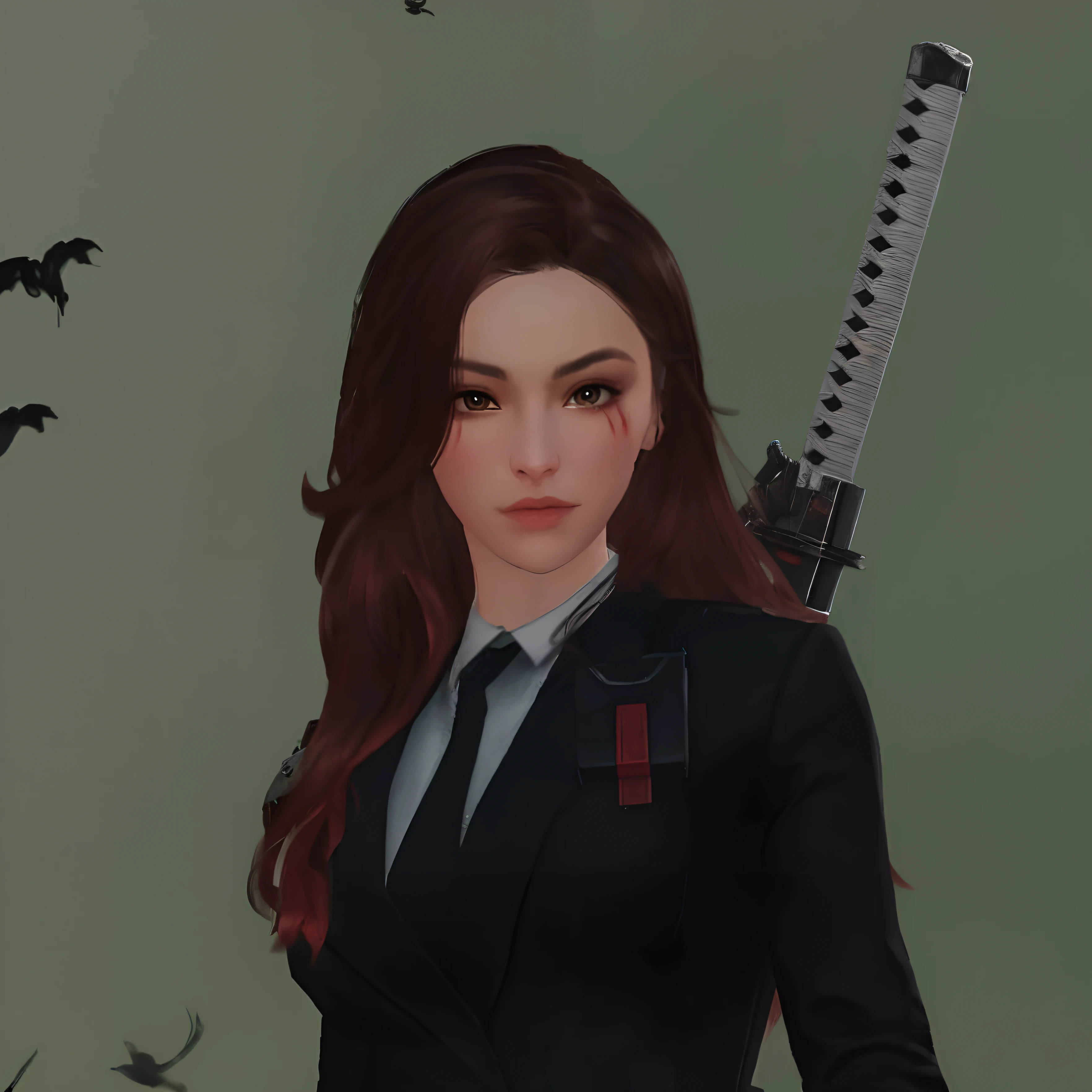 there is a woman in a suit holding a sword and a bat, katana zero video game character, she is holding a katana sword, dark natasha, an edgy teen assassin, realistic, unreal 5. rpg portrait, close up character, valkyrie style character, female lead character, female assassin
