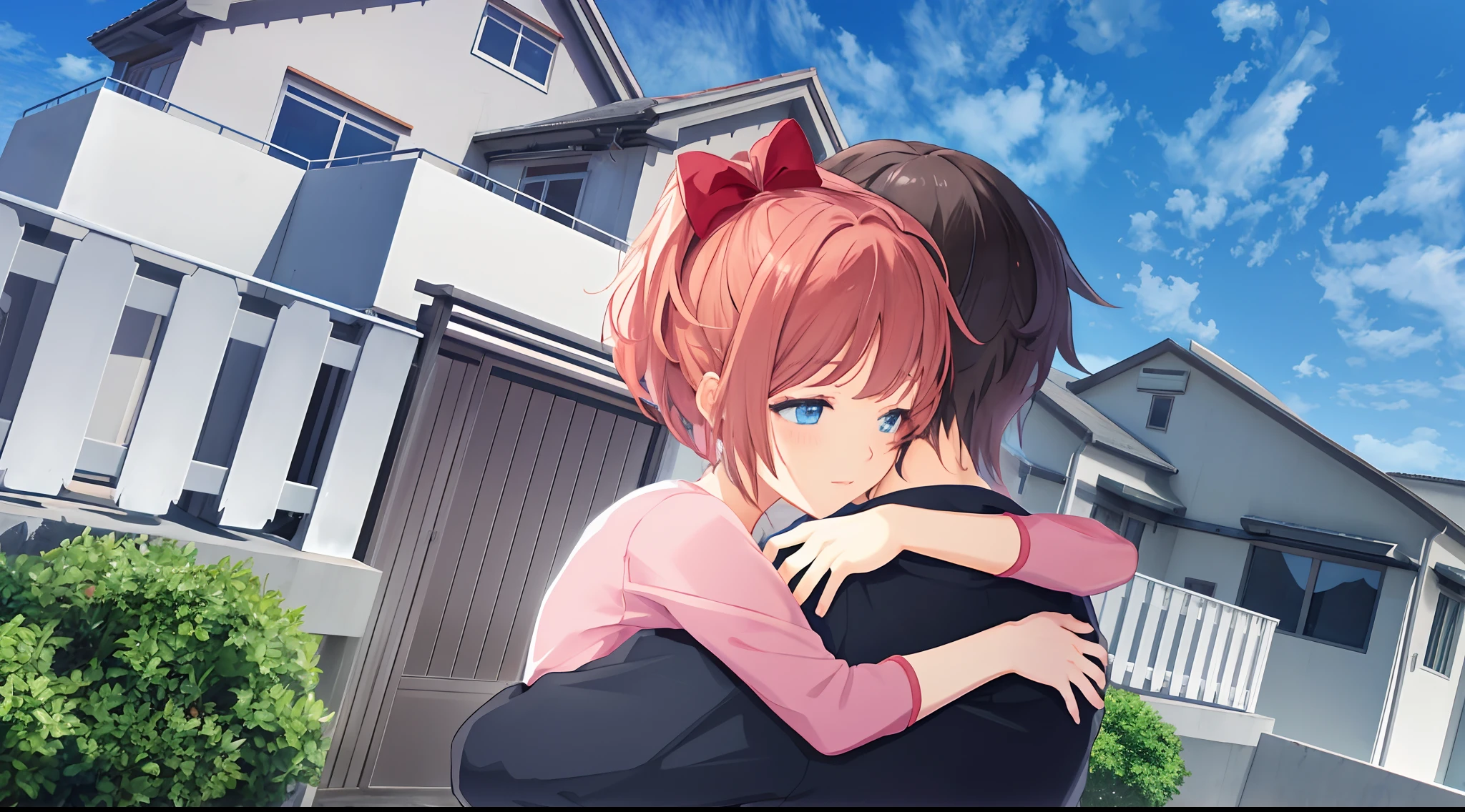 anime girl hugging another girl in front of a house, shoujo romance, visual novel cg, smooth anime cg art, doki doki literature club, hugging, visual novel key visual, ; visual novel, hugging each other, hug, cute anime, realistic anime 3 d style, visual novel, ddlc, shoujo, realistic scene, made with anime painter studio, long hair, brown hair, blue eyes, short hair