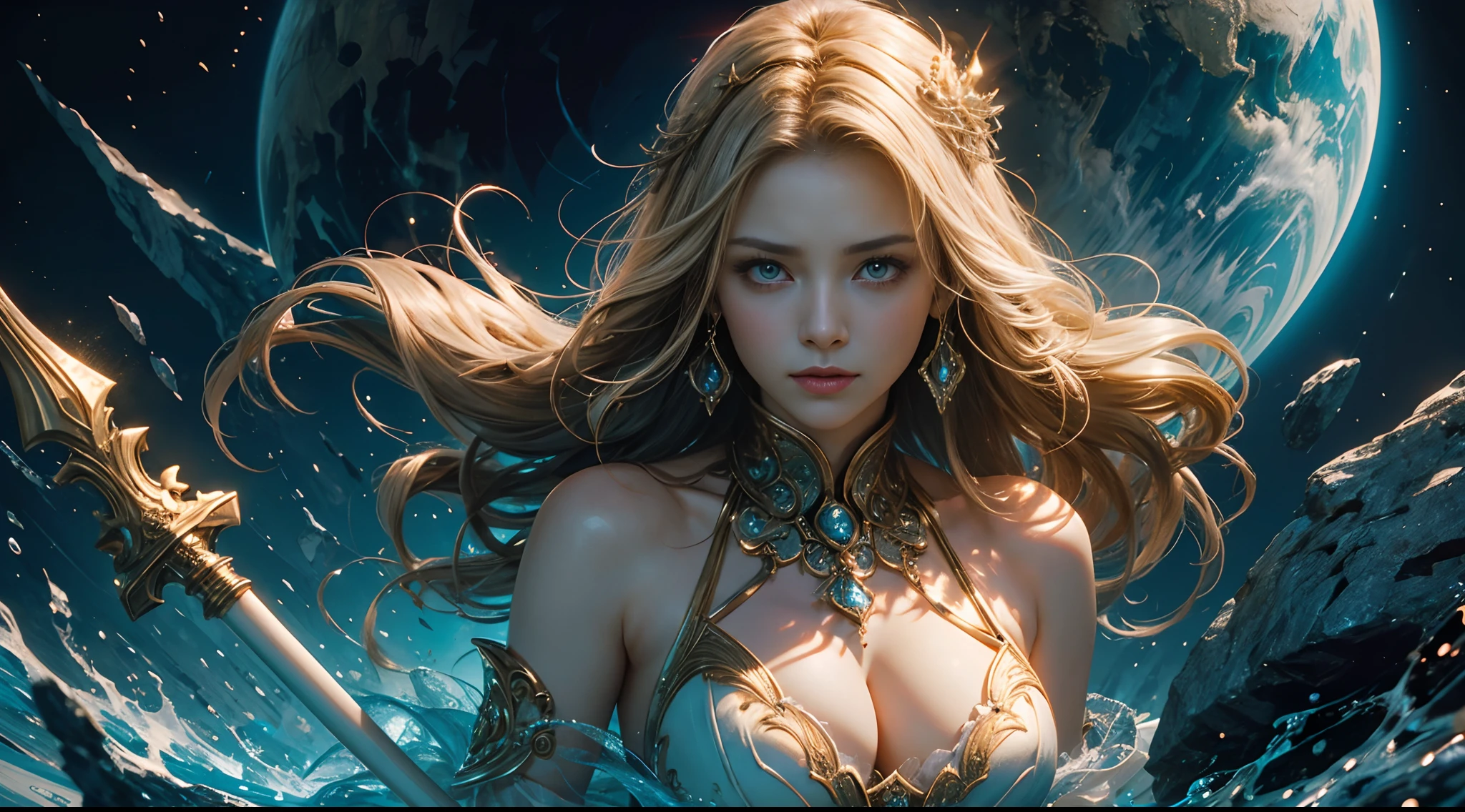 tmasterpiece,top-quality,best qualityer,offcial art,Beauty and aesthetics:1.2),(tmasterpiece:1.3), (8K, realisticlying, RAW photos, best qualtiy: 1.4), beauitful face, (photorealiscic face),超高分辨率, Ultra photo realsisim, highly detailed, the golden ratio, (with dynamism:1.3),(Saturation:1.3),illusory engine, (High detail: 1.9),(femele:1.4),(Large breasts),female mage,The background is the castle,dramatics,(magia:1.8),(Glowing scepter:1.5),Mysterious symbol