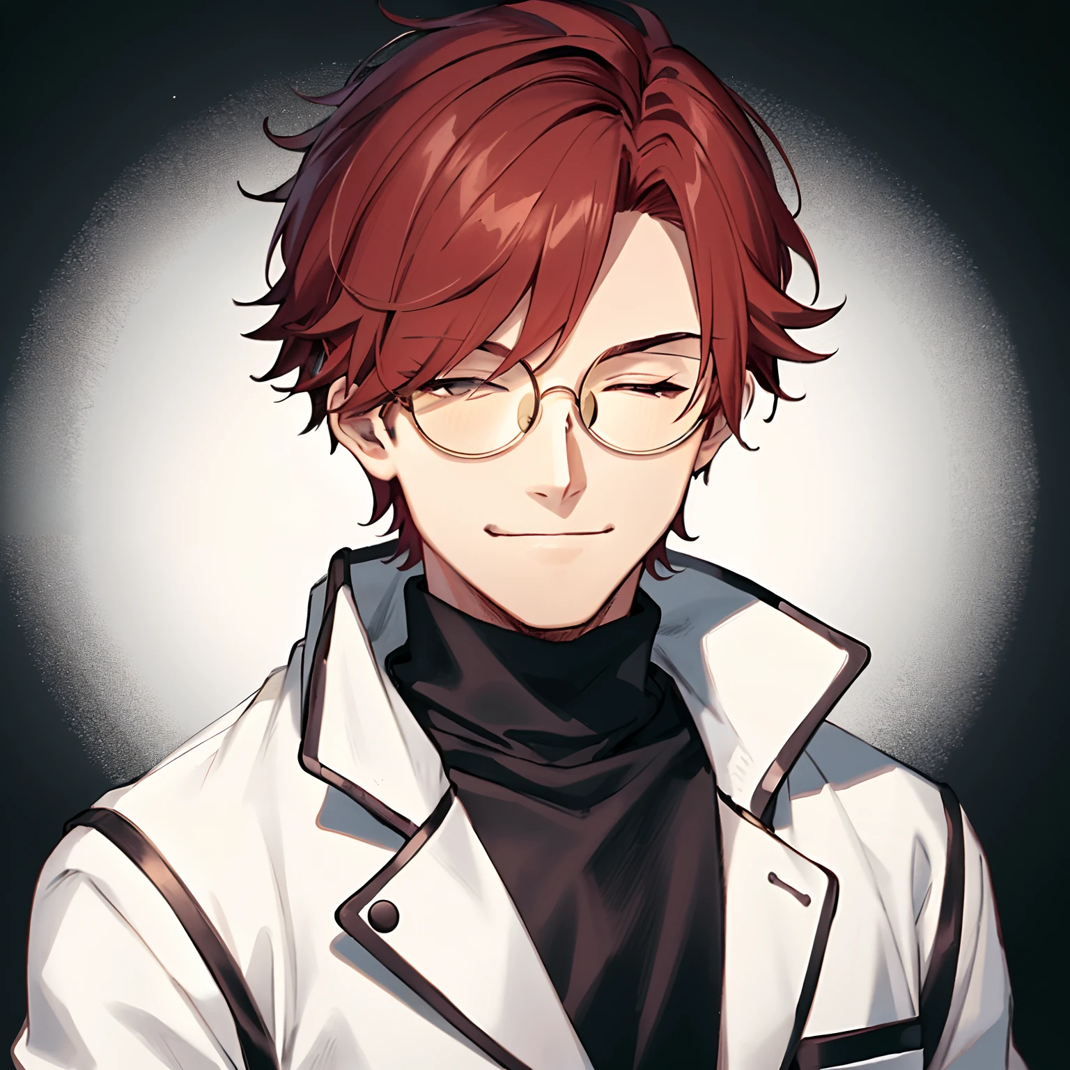 1man, short messy reddish brown hair, white scientist coat, red turtleneck sweater, bright round glasses, no eyes, smirk, scary, portrait, black background, looking at the camera, from the front