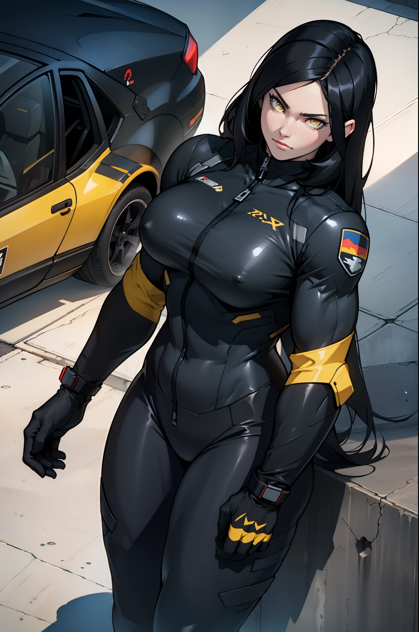 1 girl, black hair, yellow eyes, very long hair, pale skin, ((((extremely muscular)))), large breasts, curvy, concrete, shadow, dark atmosphere, (pilot suit), car