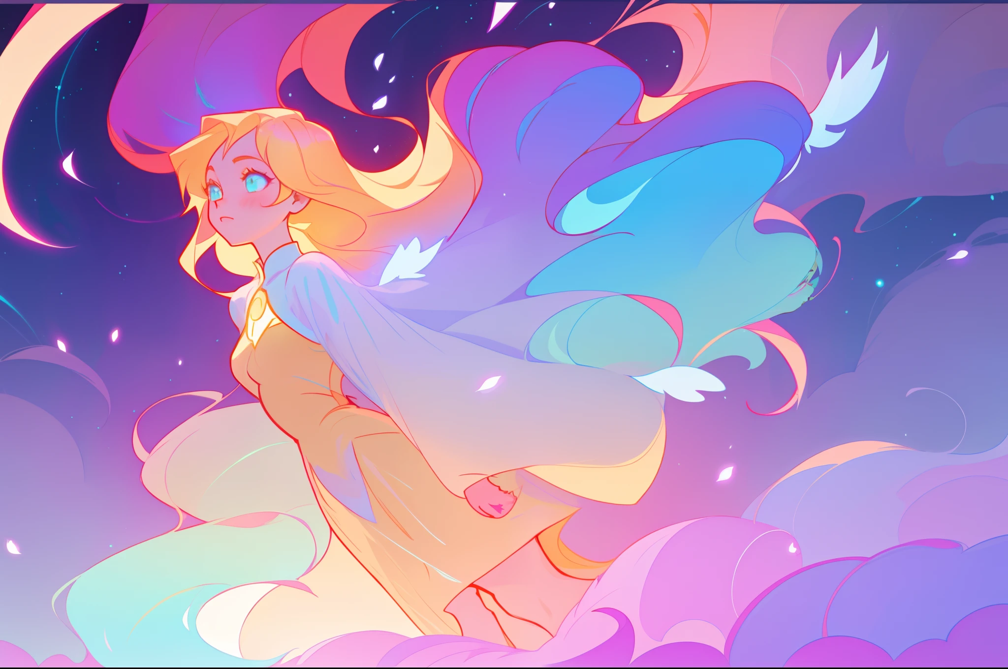 anime, a girl with long hair, liquid dress, long glowing ethereal hair, glowing flowing hair, flowing glowing hair, anime girl with cosmic hair, beautiful young wind spirit, long glowing hair, beautiful anime art style, beautiful digital illustration, ethereal anime, a beautiful artwork illustration, blonde anime girl with long hair, inspired by Glen Keane, inspired by Lois van Baarle, disney art style, by Lois van Baarle, glowing aura around her, by Glen Keane, jen bartel, glowing lights