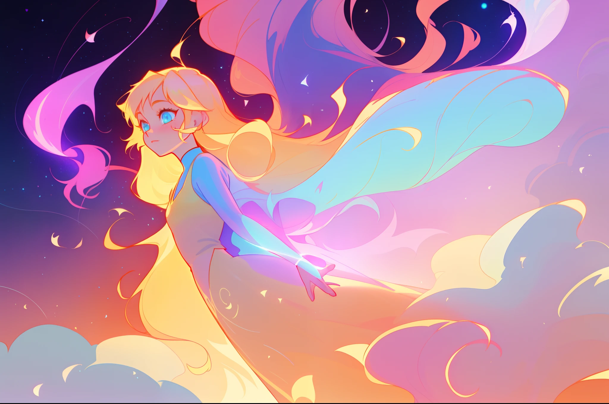 anime, a girl with long hair, liquid dress, long glowing ethereal hair, glowing flowing hair, flowing glowing hair, anime girl with cosmic hair, beautiful young wind spirit, long glowing hair, beautiful anime art style, beautiful digital illustration, ethereal anime, a beautiful artwork illustration, blonde anime girl with long hair, inspired by Glen Keane, inspired by Lois van Baarle, disney art style, by Lois van Baarle, glowing aura around her, by Glen Keane, jen bartel, glowing lights