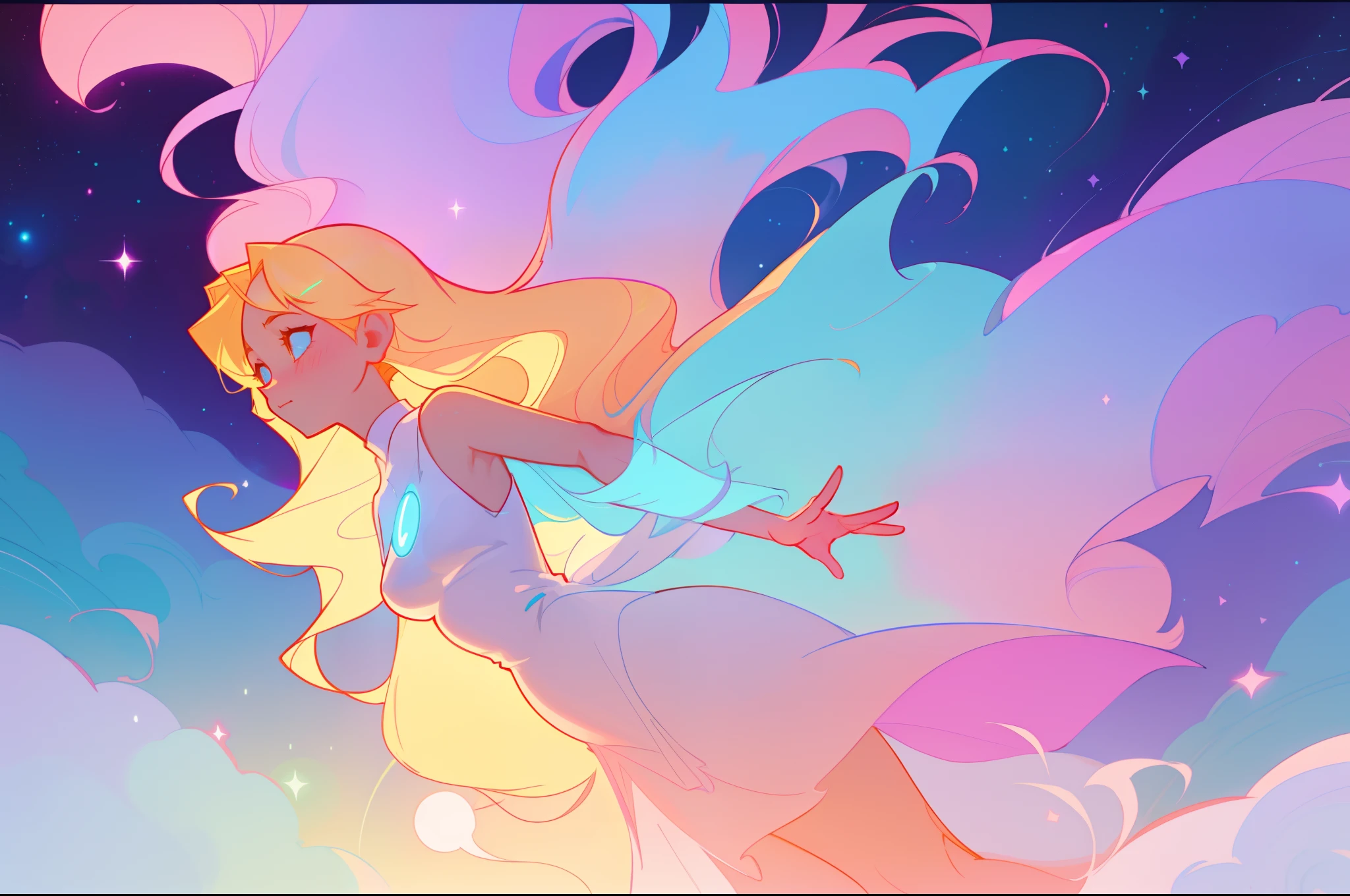 anime, a girl with long hair, liquid dress, long glowing ethereal hair, glowing flowing hair, flowing glowing hair, anime girl with cosmic hair, beautiful young wind spirit, long glowing hair, beautiful anime art style, beautiful digital illustration, ethereal anime, a beautiful artwork illustration, blonde anime girl with long hair, inspired by Glen Keane, inspired by Lois van Baarle, disney art style, by Lois van Baarle, glowing aura around her, by Glen Keane, jen bartel, glowing lights