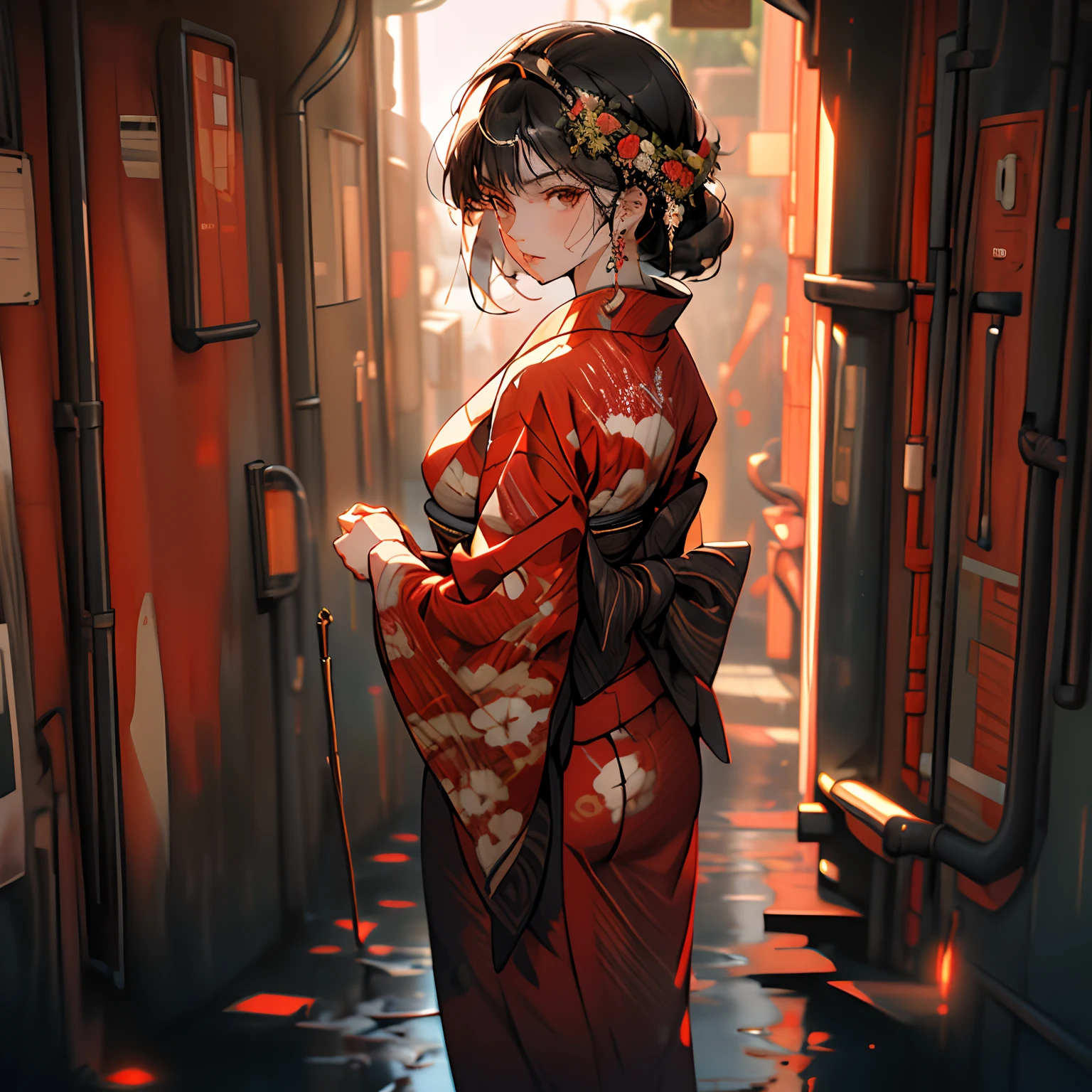 extremely detailed CG unity 8k wallpaper, girl in he 30s, perfect facial features, huge breast,realistic, hand by Guido Daniele, wearing kimono_clothes, view from behind, bare back, sakuramon, wreath,lace-trimmed kimono, stone brick road, wet road, clogs, two toe socks