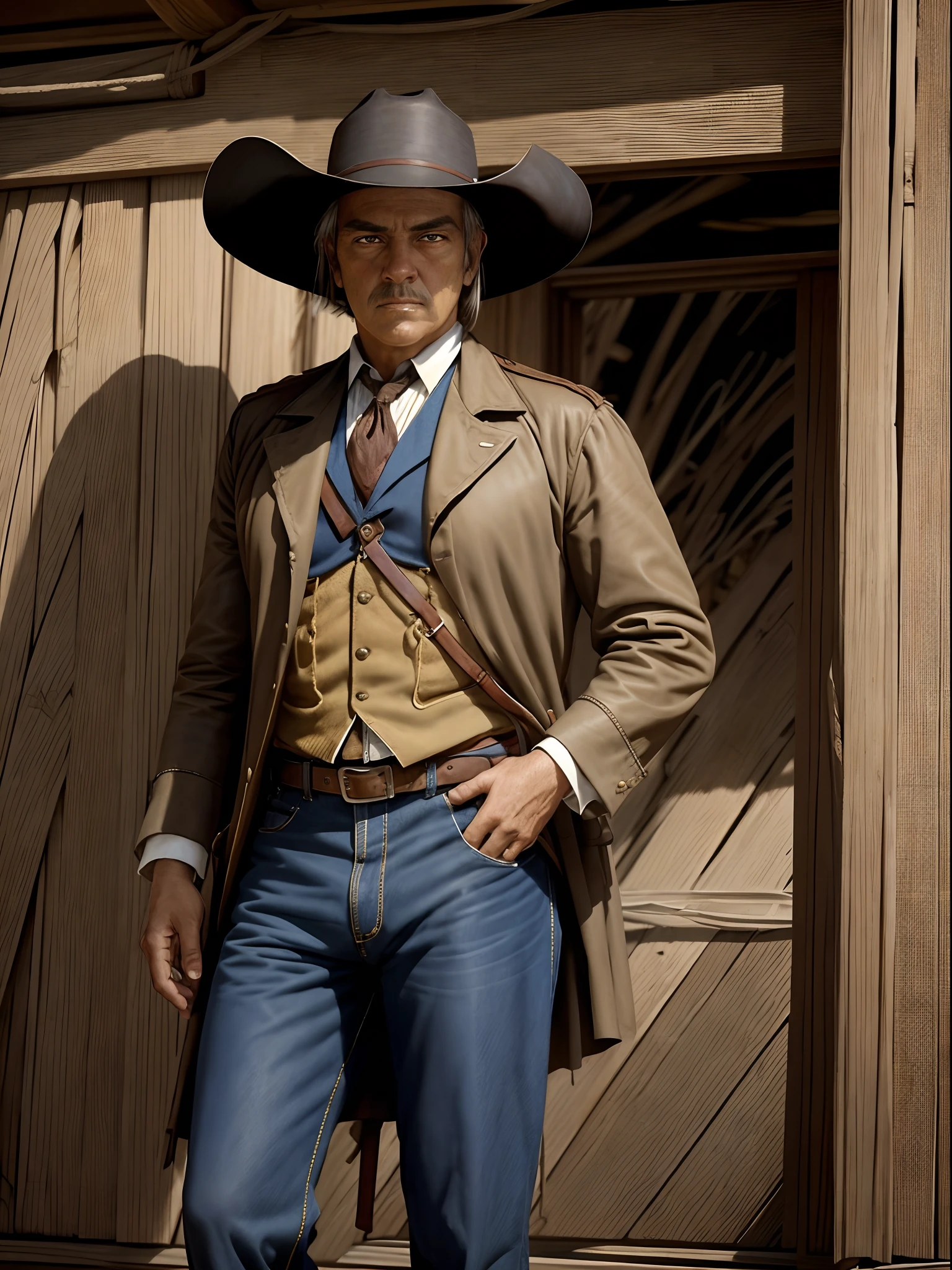 Oil painting of a young American cowboy, Artistas relacionados a esse estilo incluem Frederic Remington, Carlos M. Russell e John Ford.